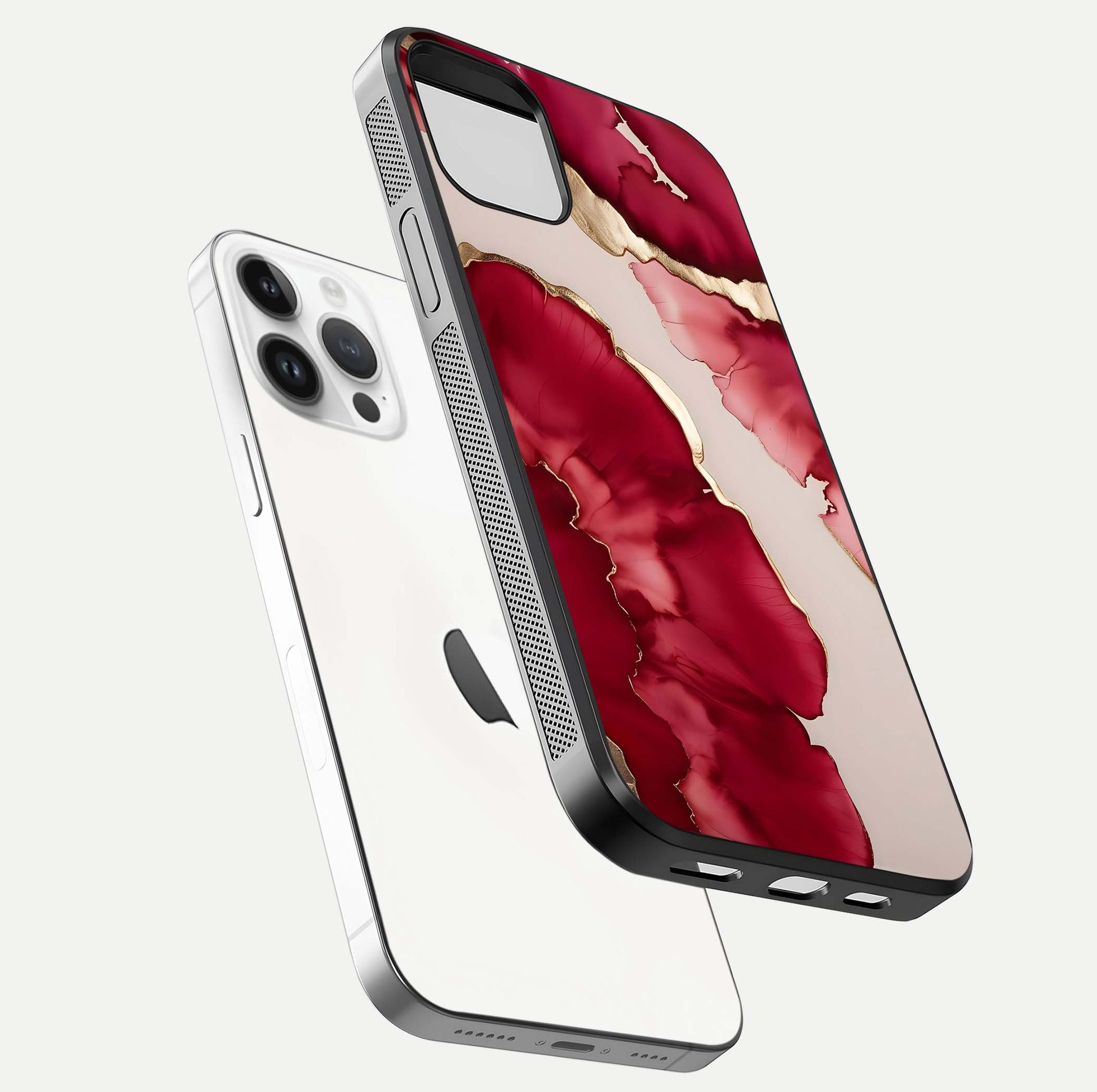 Pink & White Marble Glass Case for iPhone 14 Pro floating dual-view mockup displaying gloss shine and artistic tone