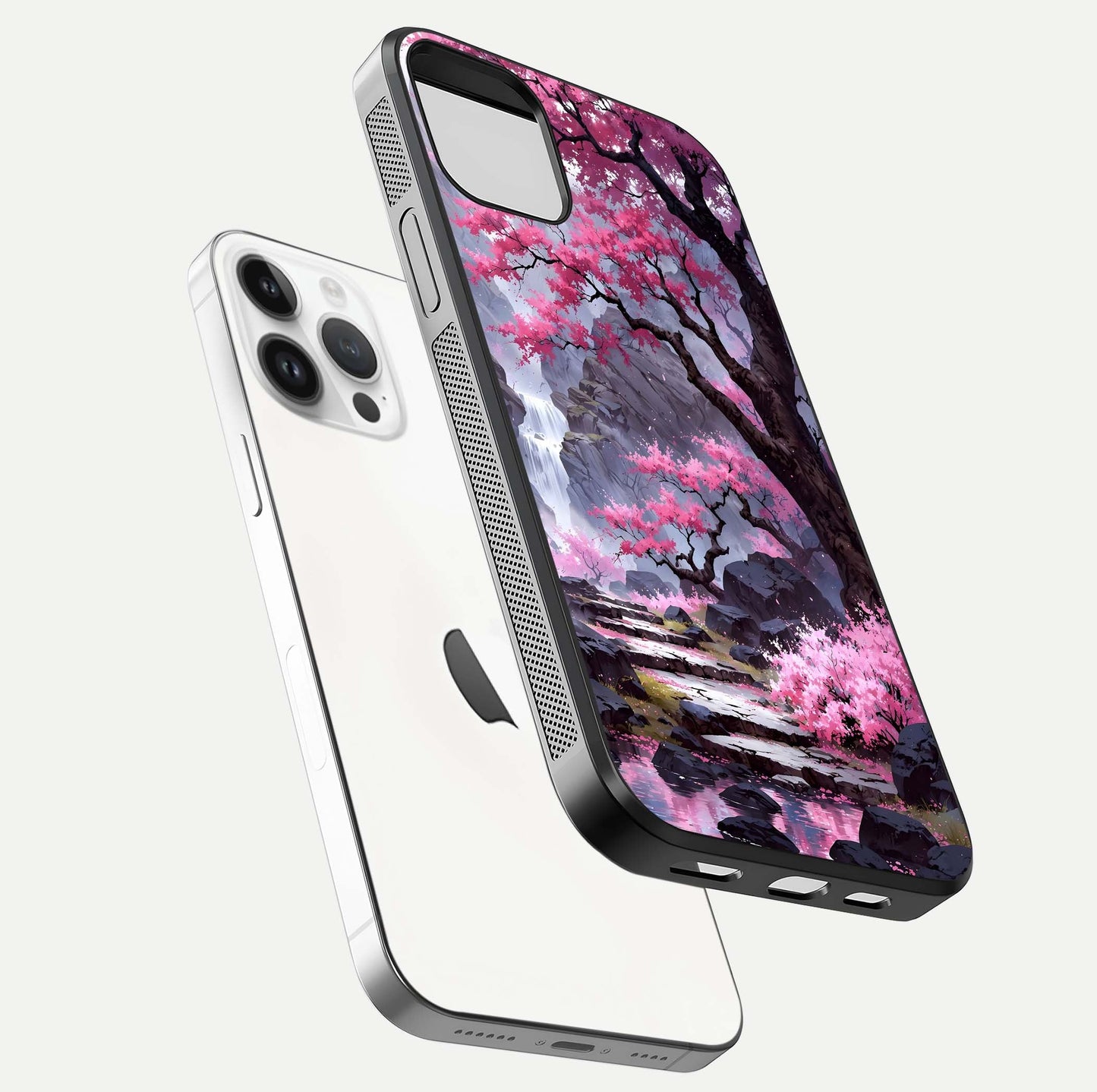 Pinkish Scenery Glass Case for iPhone 14 Pro floating dual-view mockup displaying gloss shine and artistic tone
