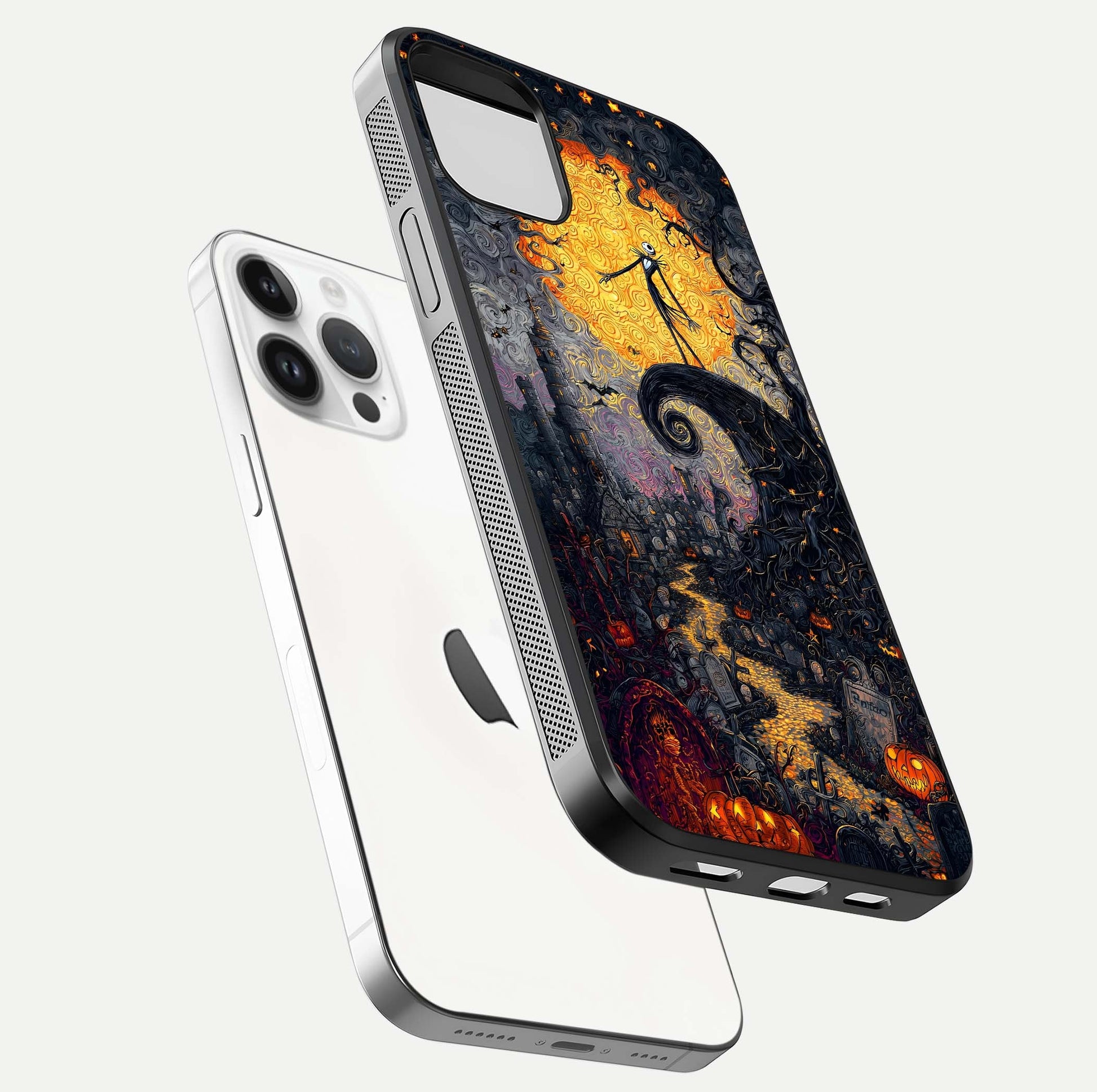 Pumpkin Moon Night Glass Case for iPhone 14 Pro floating dual-view mockup showing HD gloss and spooky detail