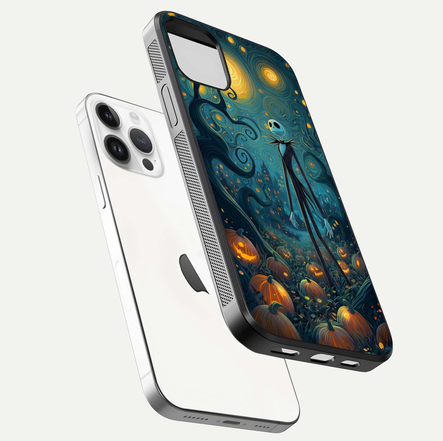 Pumpkin Moonlight Tale Glass Case for iPhone 14 Pro floating dual-view mockup showing HD gloss and eerie design