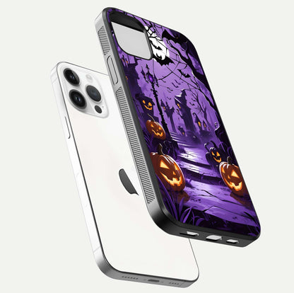 Pumpkin Patch Halloween Glass Case for iPhone 14 Pro floating dual-view mockup displaying gloss and dark tone