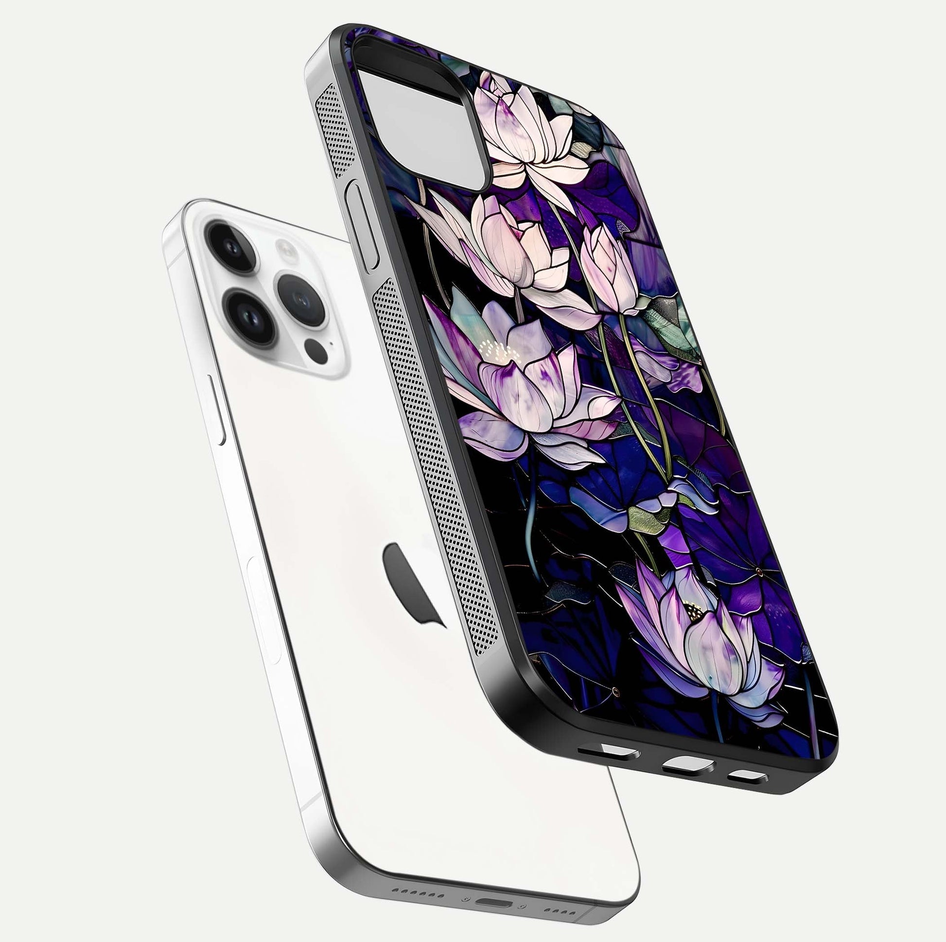 Purple Lotus Pattern Glass Case for iPhone 14 Pro floating dual-view mockup showing glass shine and vivid purple hue