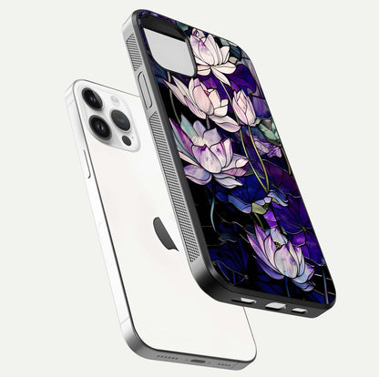 Purple Lotus Pattern Glass Case for iPhone 14 Pro floating dual-view mockup showing glass shine and vivid purple hue