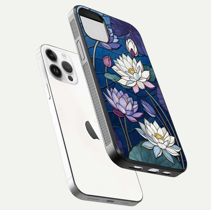 Purple Lotus Stained Glass Case for iPhone 14 Pro floating dual-view mockup displaying color depth and glass clarity