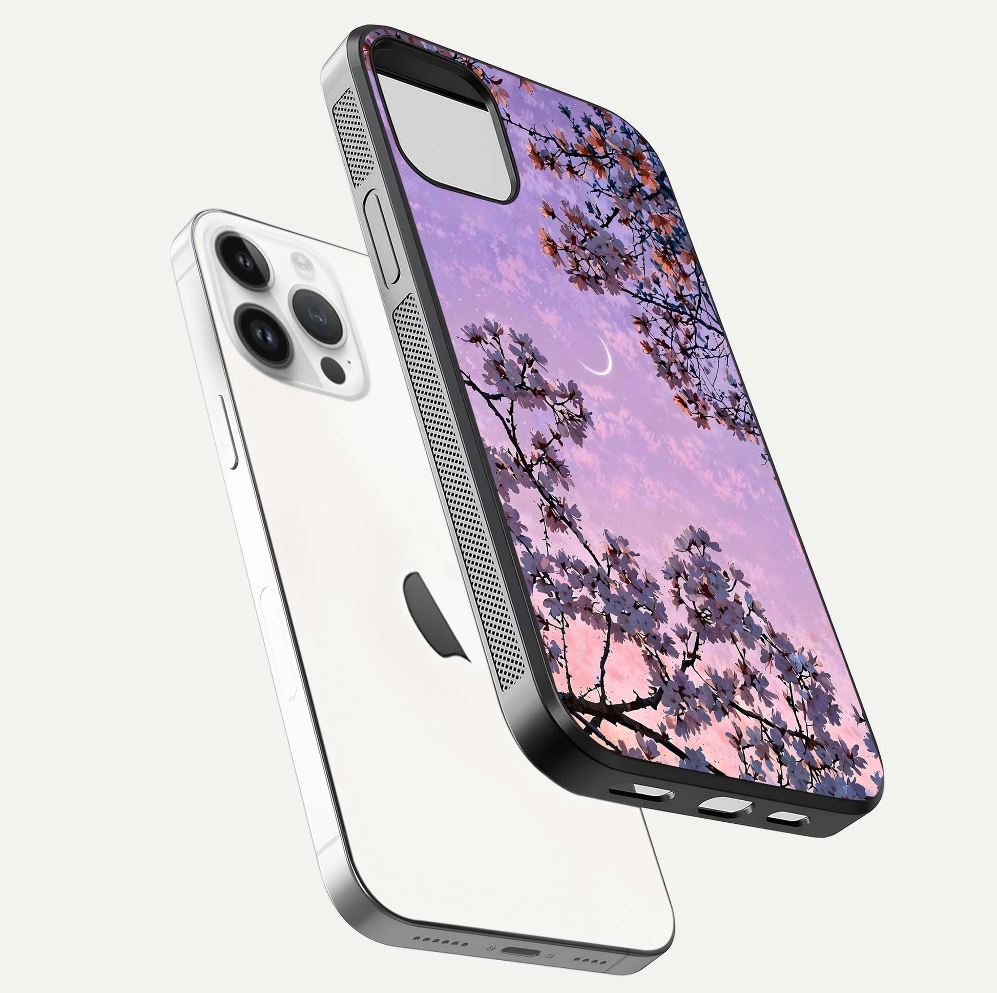 Purple Serenity Moon Glass Case for iPhone 14 Pro floating dual-view mockup showing gloss and cosmic detail
