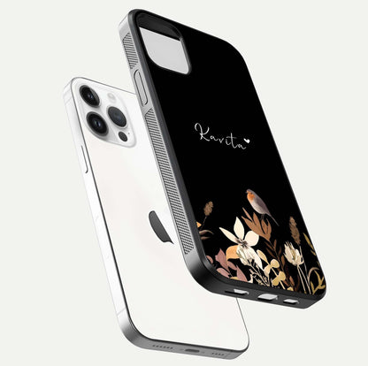Quiet Garden Tune Custom Name Glass Case for iPhone 14 Pro floating dual-view mockup showing gloss and elegant detail