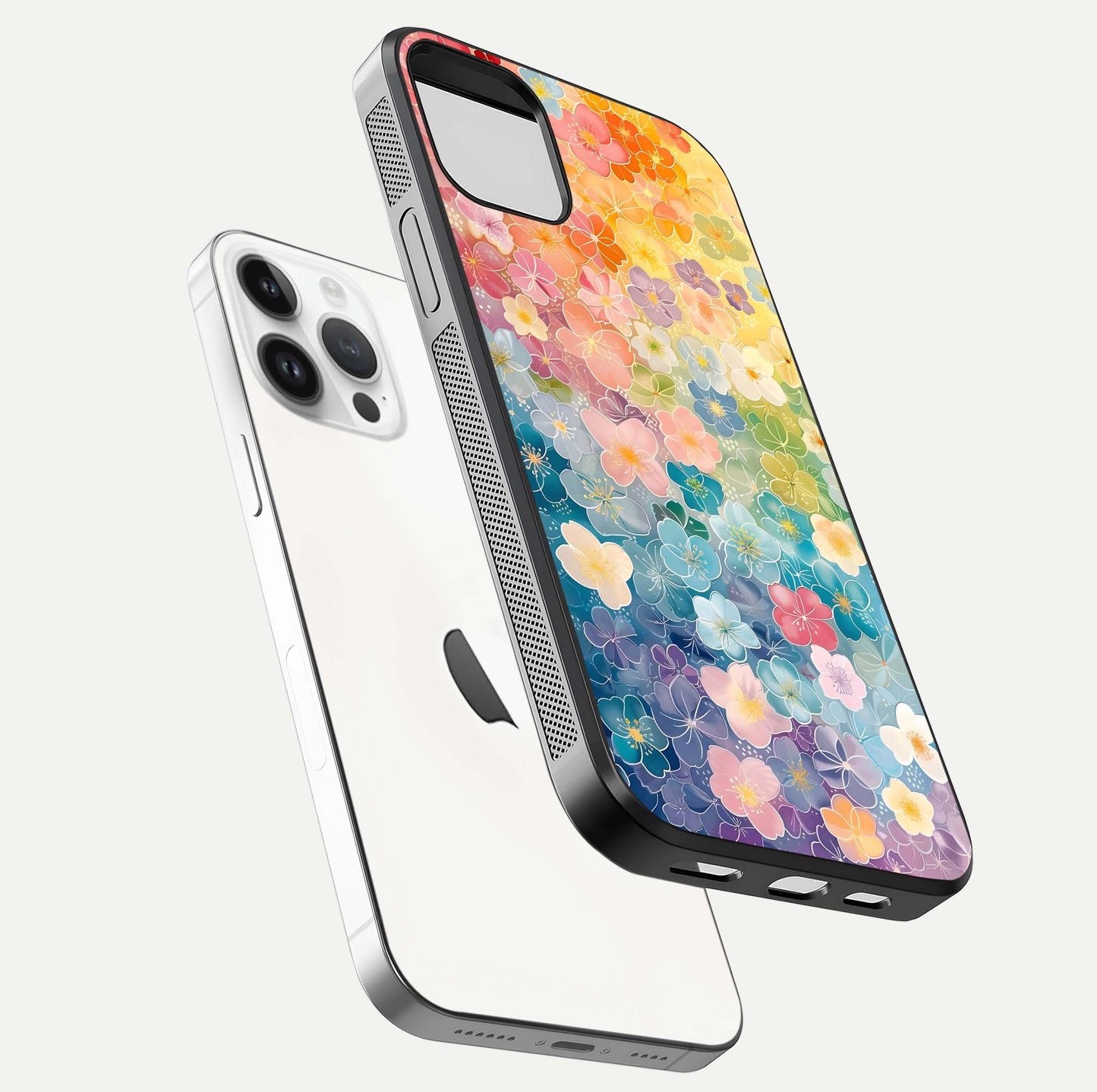 Rainbow Blossom Burst Glass Case for iPhone 14 Pro floating dual-view mockup displaying gloss and gradient pattern