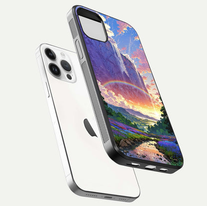 Rainbow Valley Dream Glass Case for iPhone 16 Pro floating dual-view mockup showing gloss texture and dream vibe