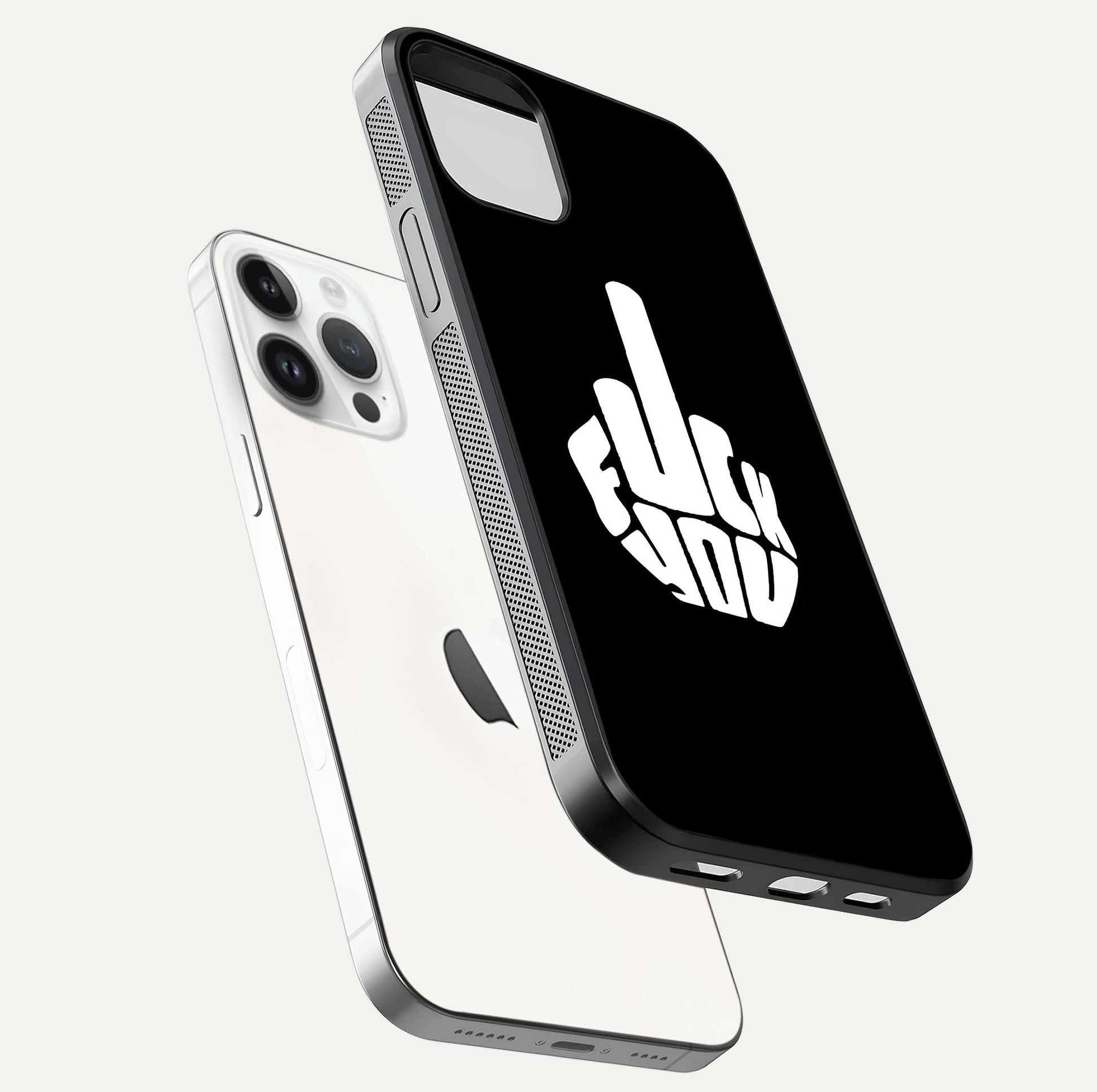 Rebel Mode On Glass Case for iPhone 14 Pro floating dual-view mockup displaying gloss shine and statement art