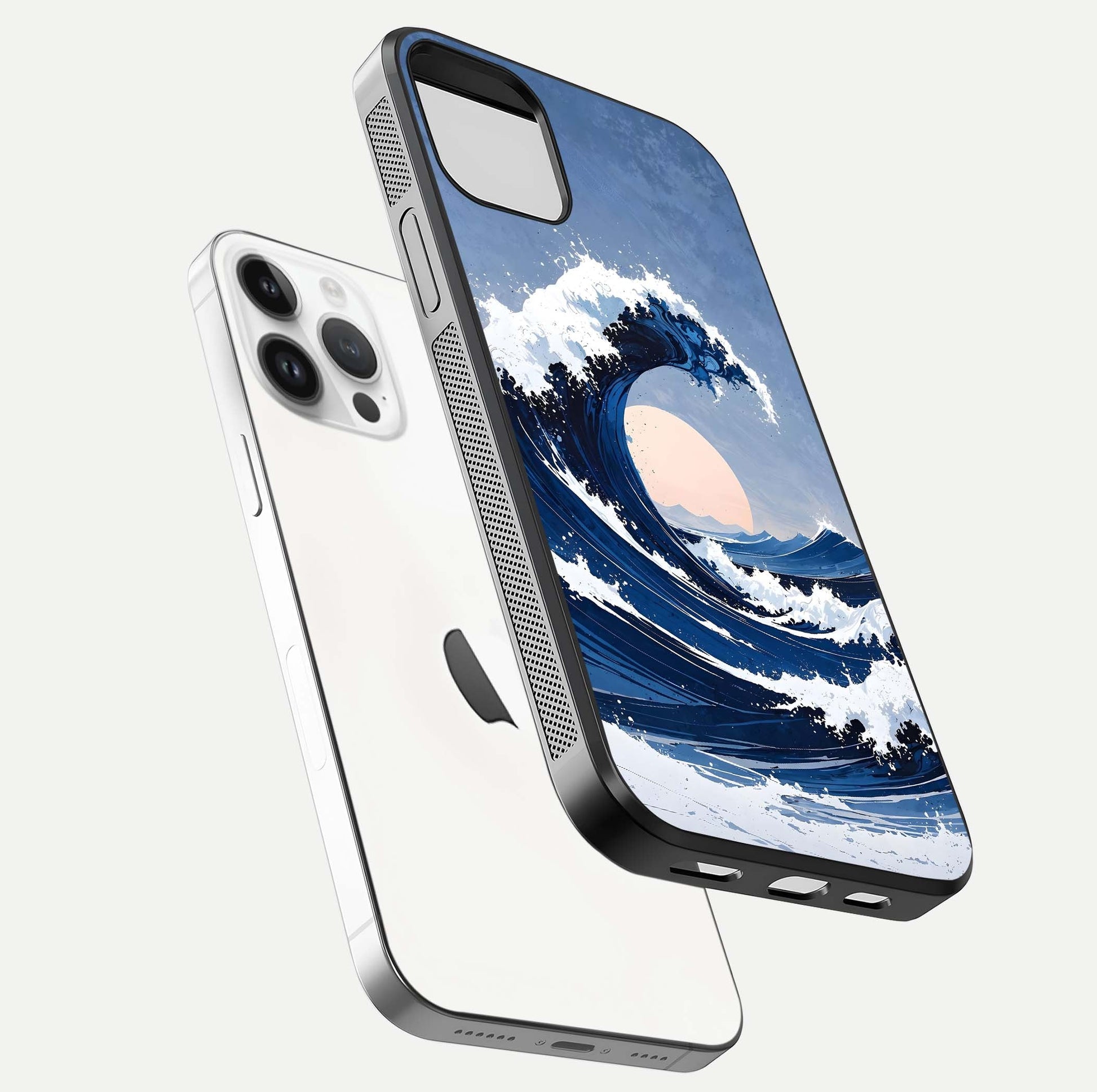 Rising Tide Power Glass Case for iPhone 14 Pro floating dual-view mockup displaying gloss texture and flow pattern