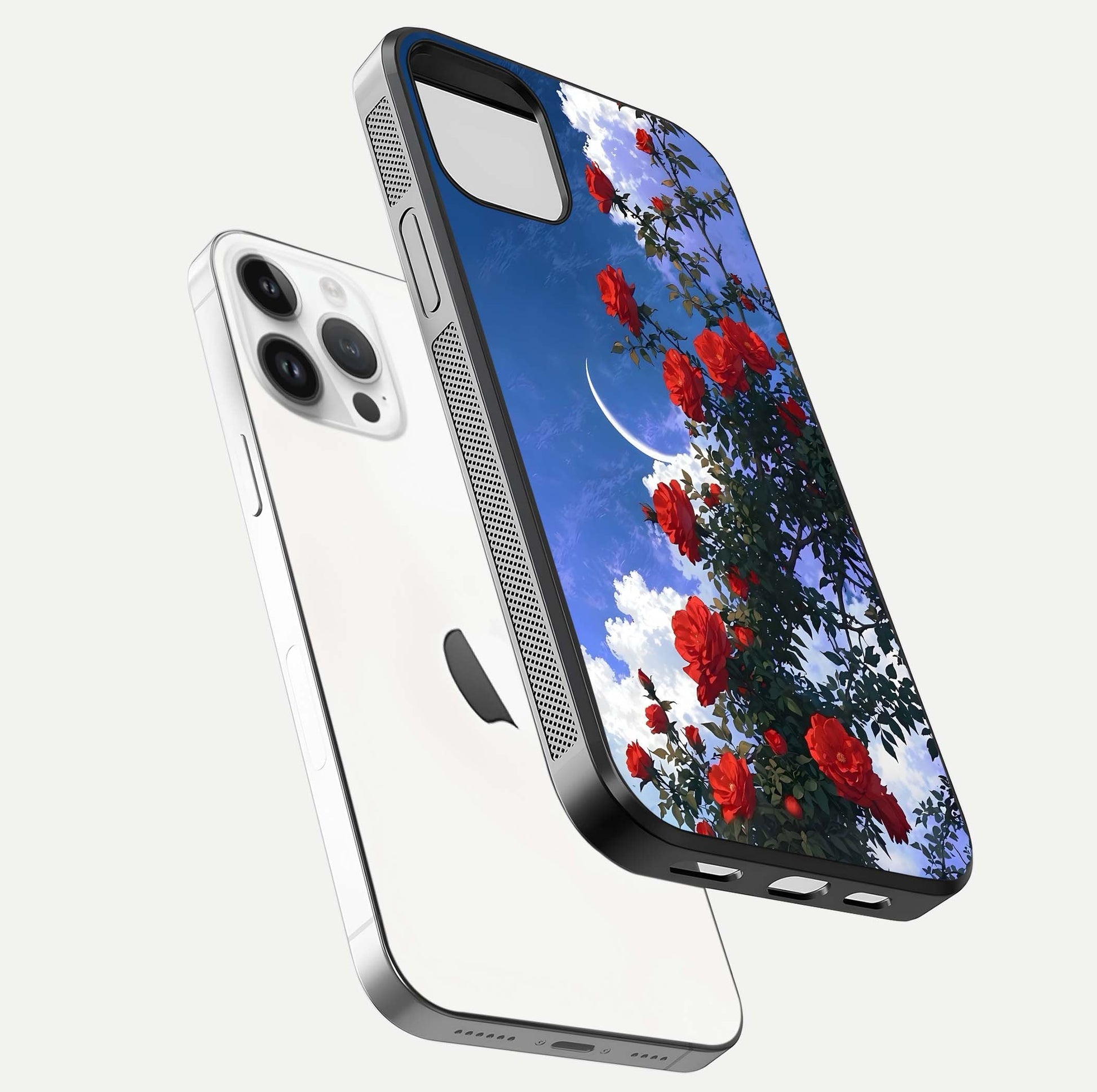 Rose Drift Flowers Glass Case for iPhone 14 Pro floating dual-view mockup showing gloss shine and floral tone