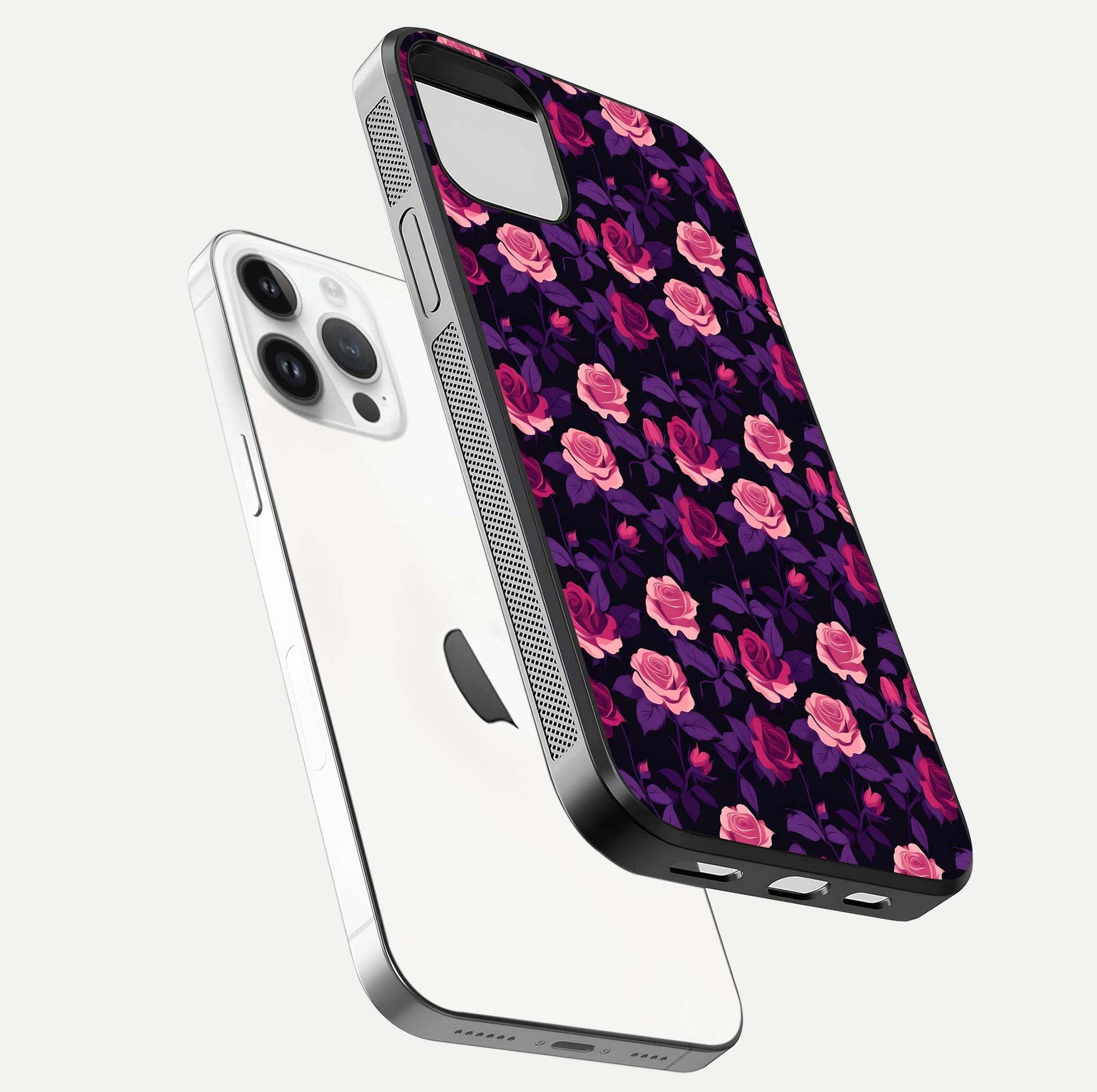 Rose Garden Twilight Glass Case for iPhone 14 Pro floating dual-view mockup displaying gloss surface and depth