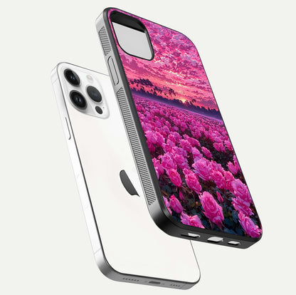Rose Sunset Valley Glass Case for iPhone 14 Pro floating dual-view mockup showing gloss reflection and art depth