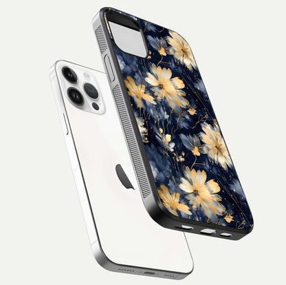 Royal Petal Dream Glass Case for iPhone 14 Pro floating dual-view mockup displaying gloss reflection and tone contrast