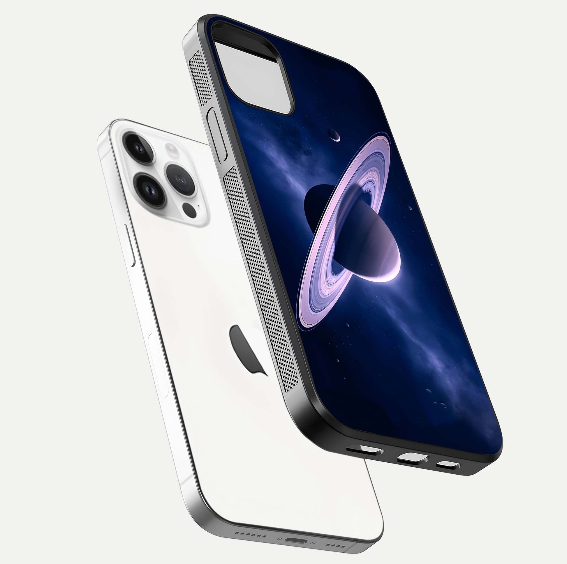 Saturn Ring Mystique Glass Case for iPhone 14 Pro floating dual-view mockup showing gloss finish and star detail