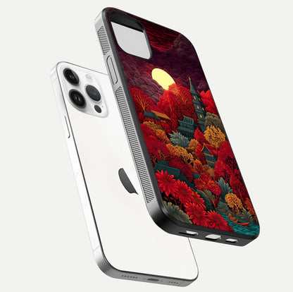 Scarlet Autumn Temple Glass Case for iPhone 14 Pro floating dual-view mockup displaying gloss shine and autumn tones