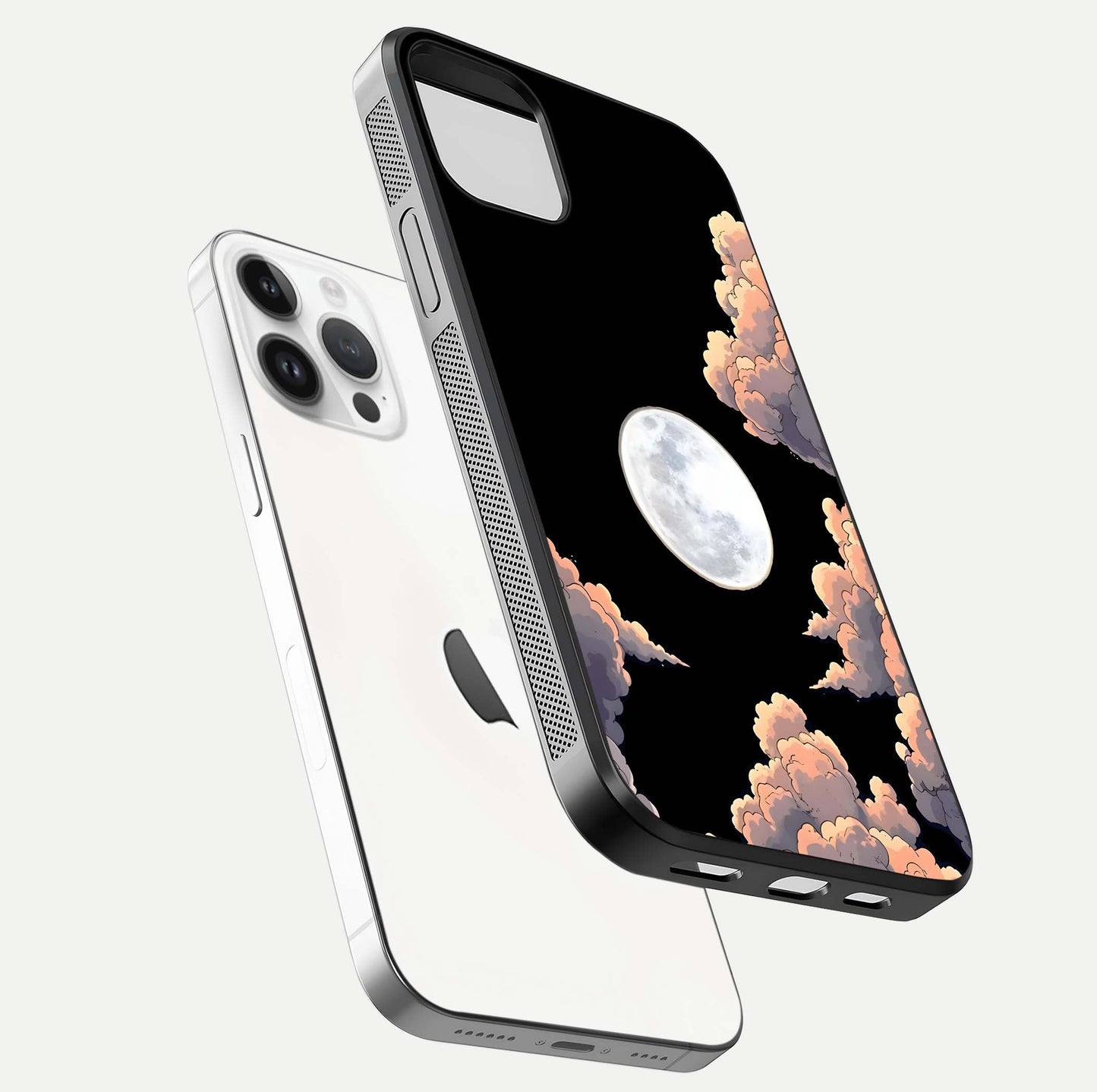 Shade Cloud Moon Glass Case for iPhone 14 Pro floating dual-view mockup showing gloss and celestial texture