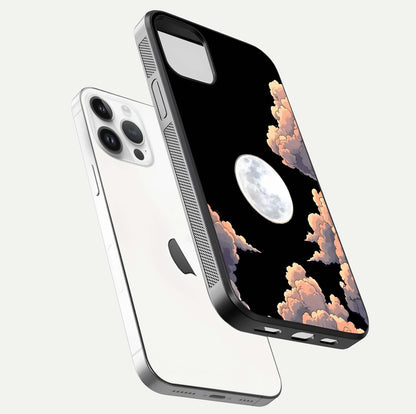 Shade Cloud Moon Glass Case for iPhone 14 Pro floating dual-view mockup showing gloss and celestial texture