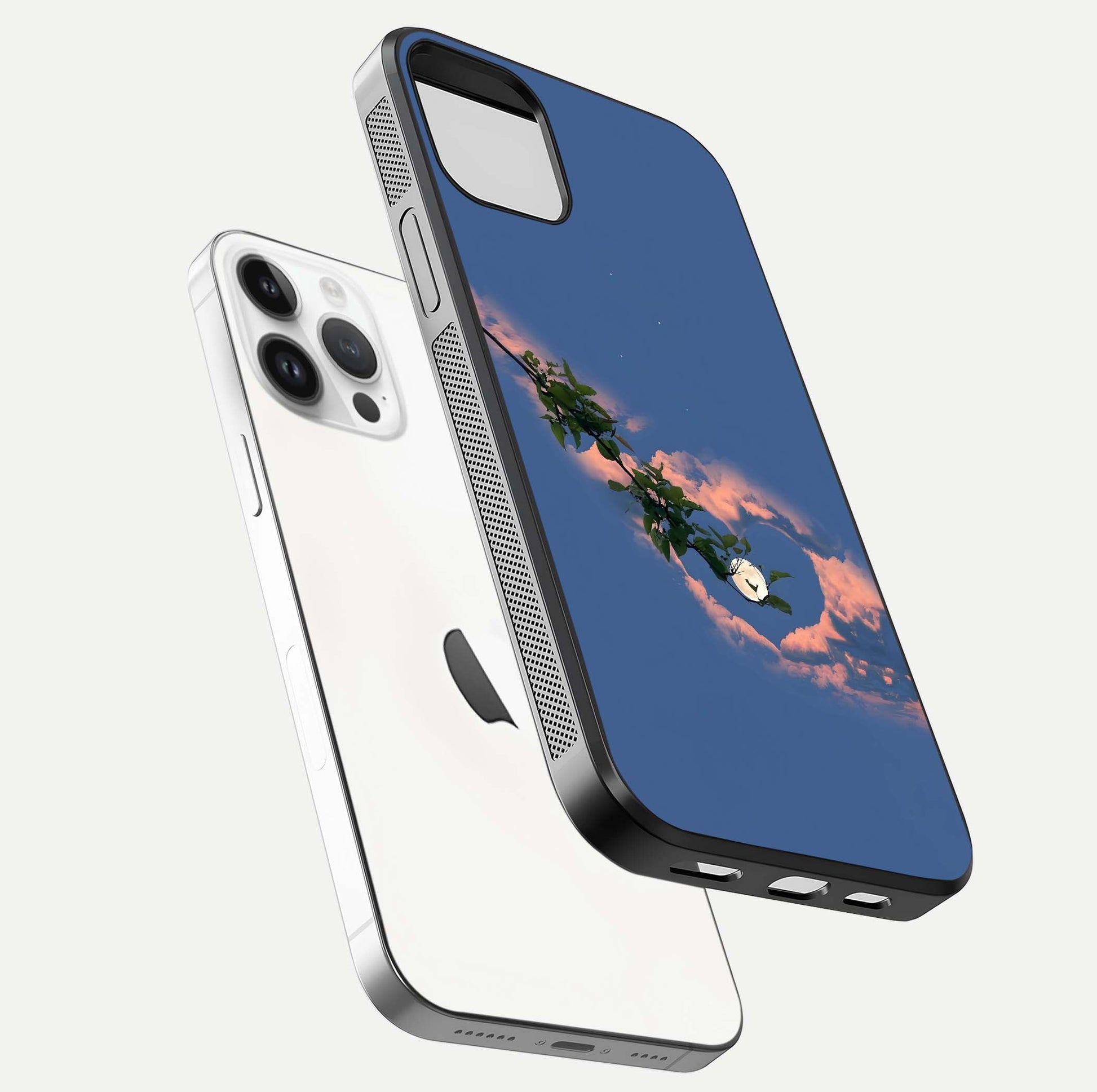 Sky Under Tree Glass Case for iPhone 14 Pro floating dual-view mockup displaying gloss reflection and landscape tone