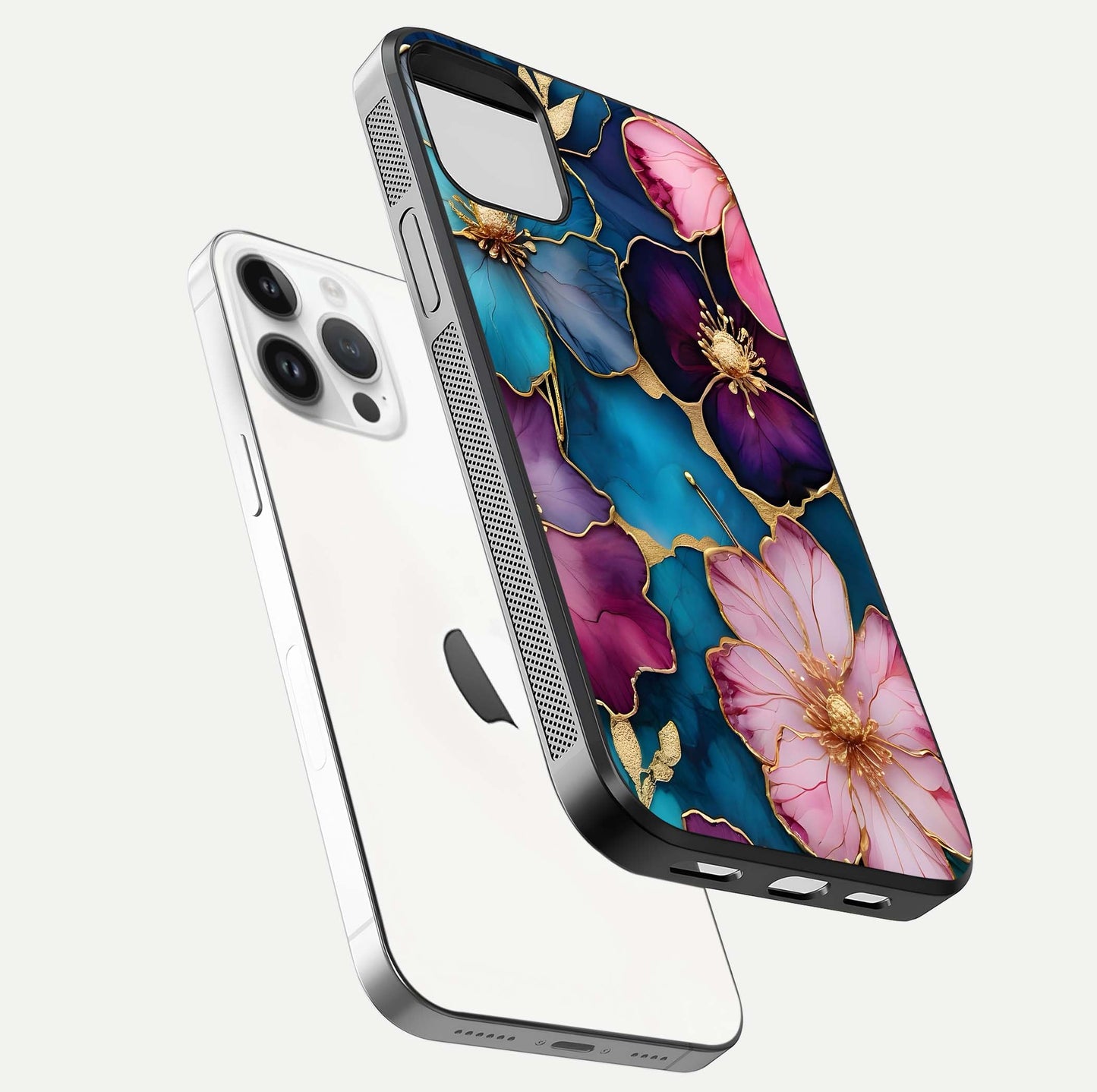 Sparkle Floral Glass Case for iPhone 14 Pro floating dual-view mockup displaying gloss surface and sparkle effect
