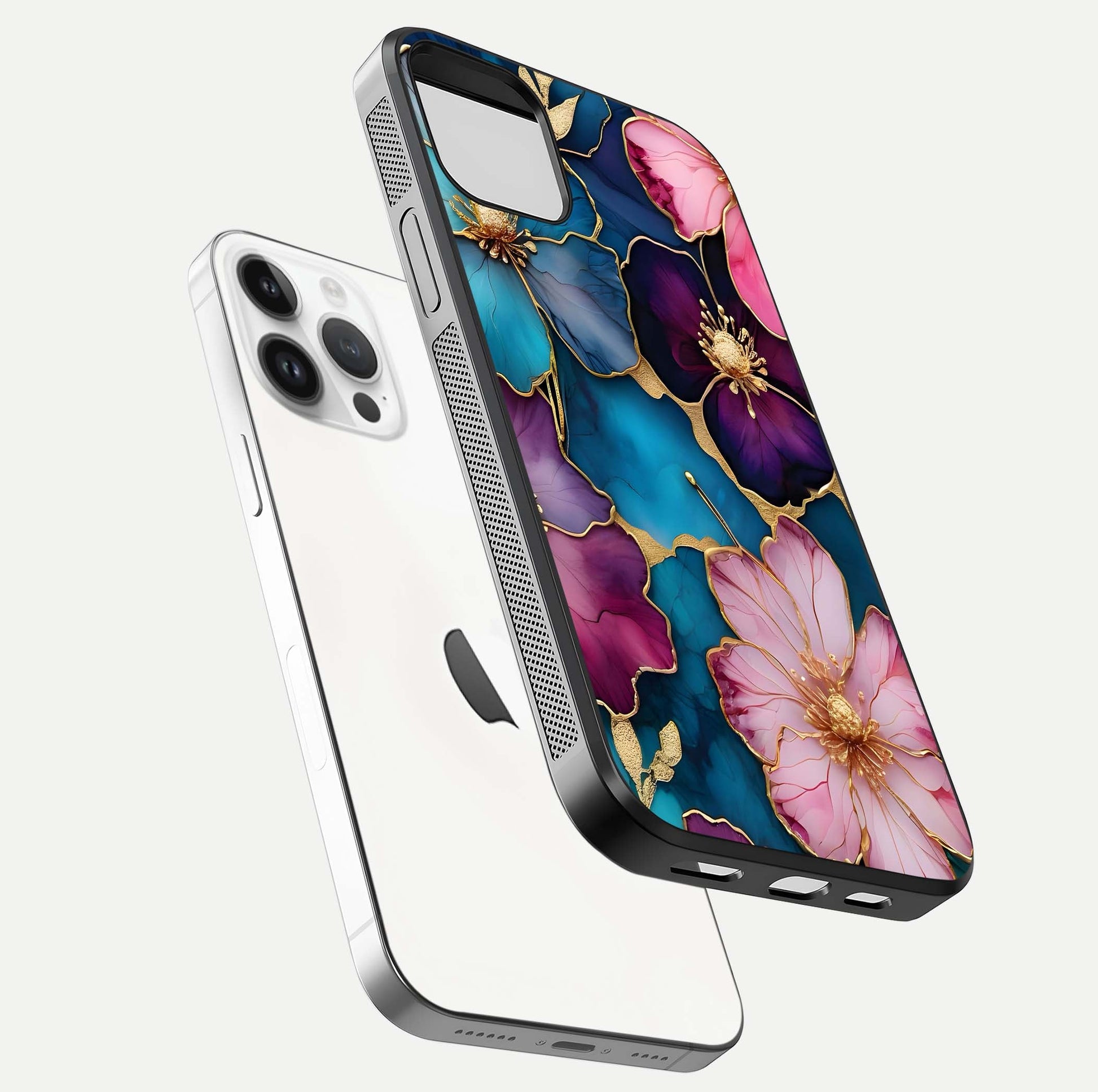 Sparkle Floral Glass Case for iPhone 14 Pro floating dual-view mockup displaying gloss surface and sparkle effect