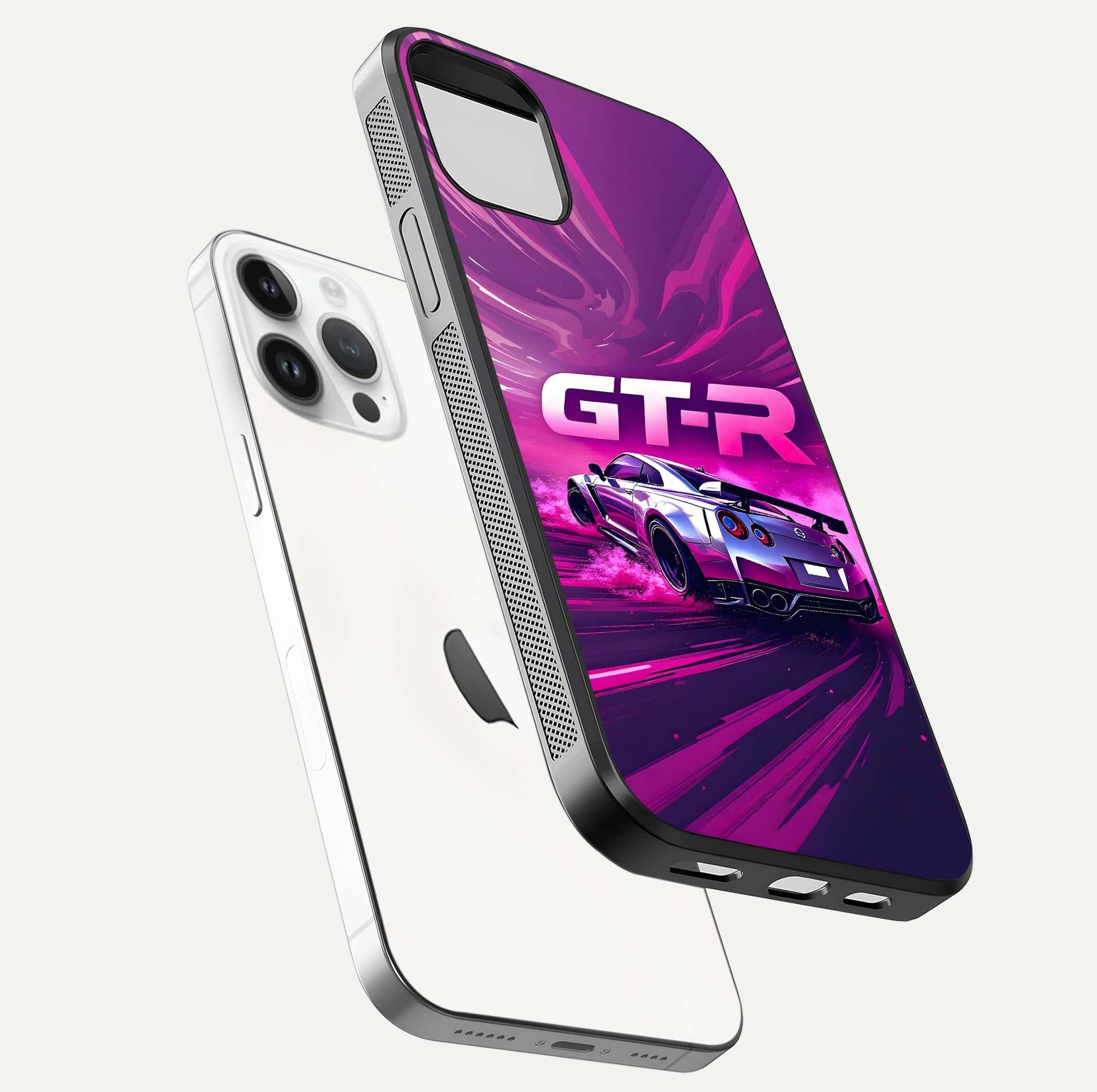 Speed Drift Legend Glass Case for iPhone 14 Pro floating dual-view mockup displaying gloss shine and motion effect