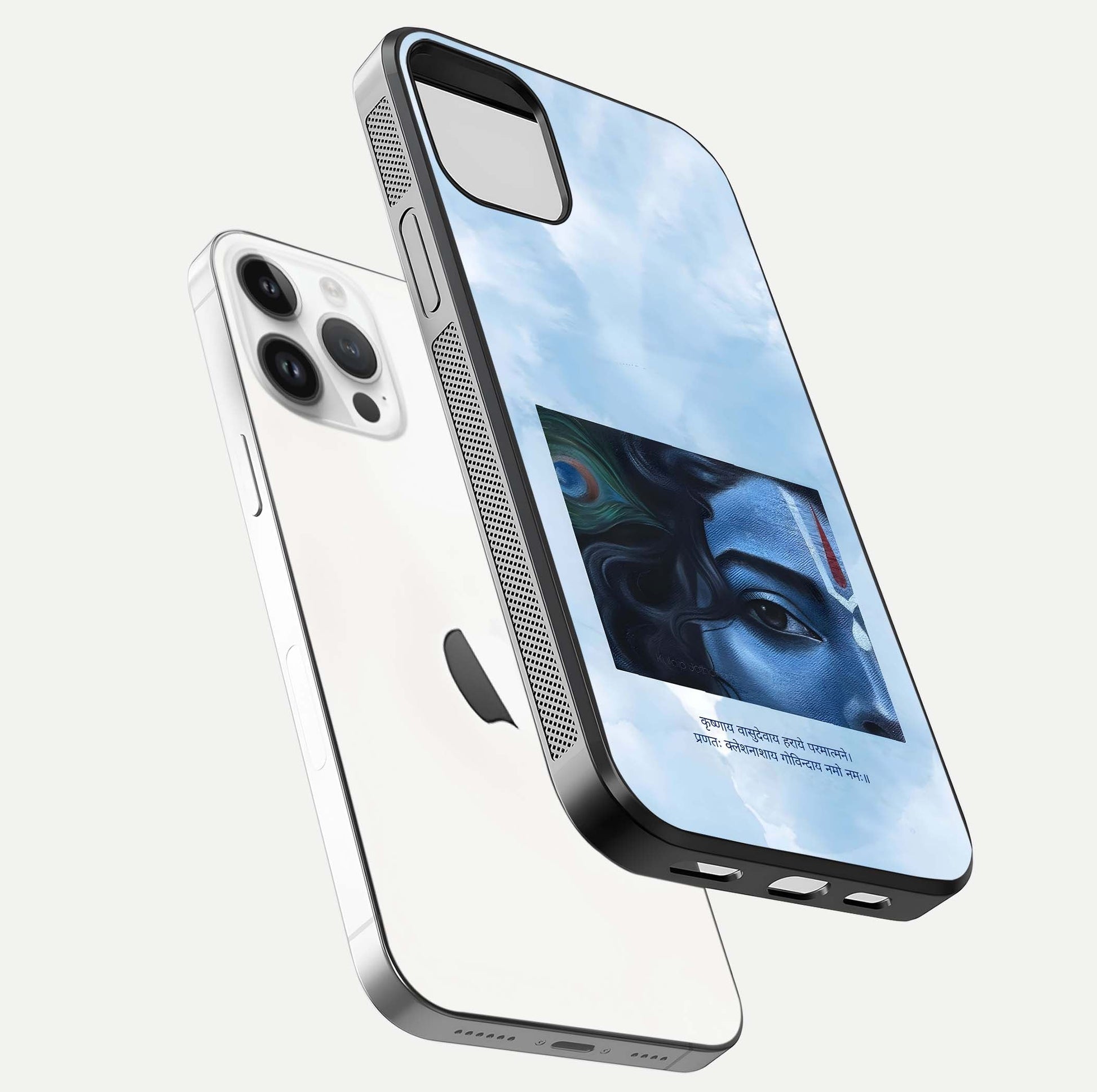 Spiritual Krishna Glass Case for iPhone 16 Pro floating dual-view mockup displaying gloss shine and divine detail