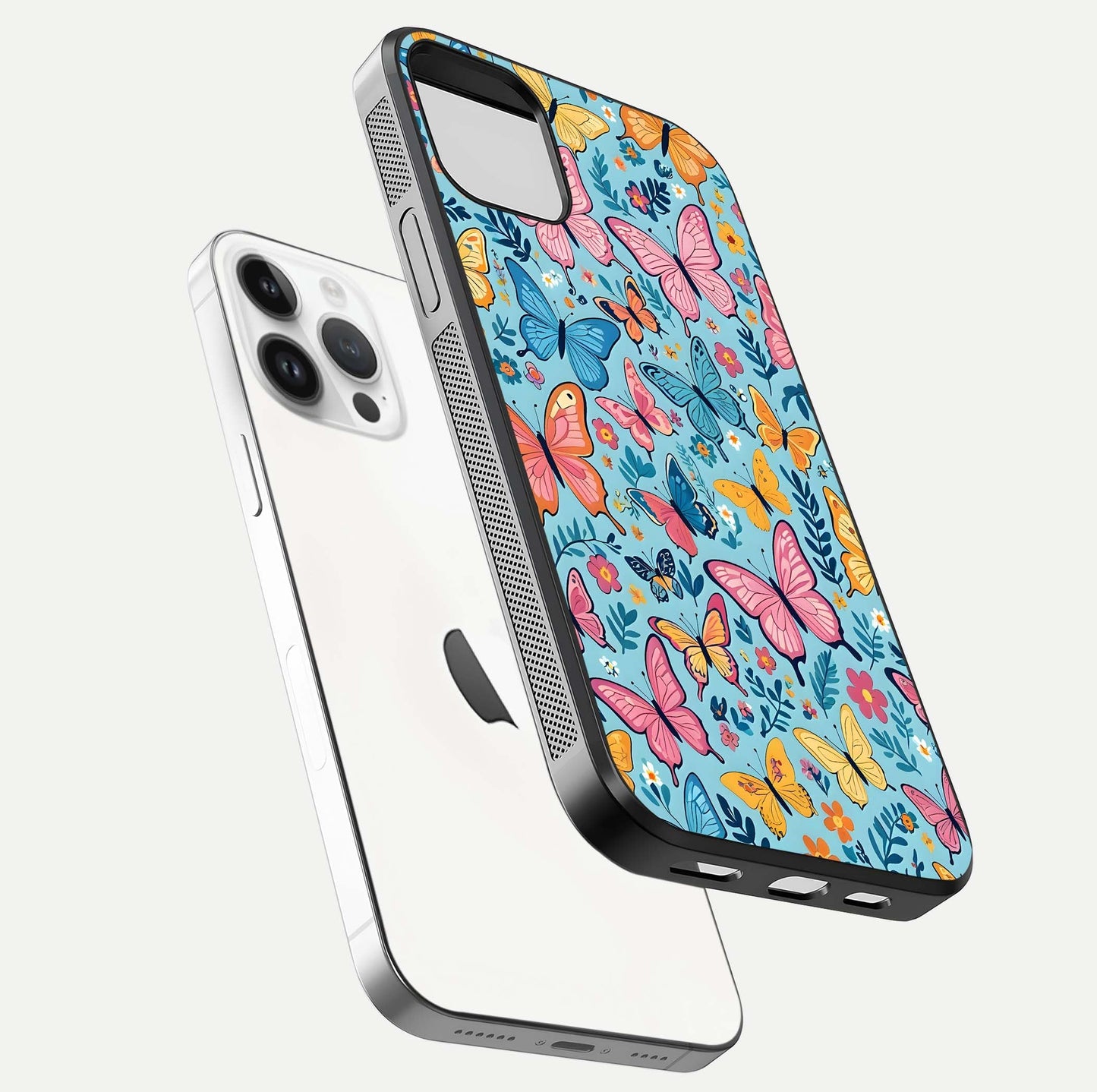 Spring Wing Garden Glass Case for iPhone 14 Pro floating dual-view mockup showing gloss texture and vivid print