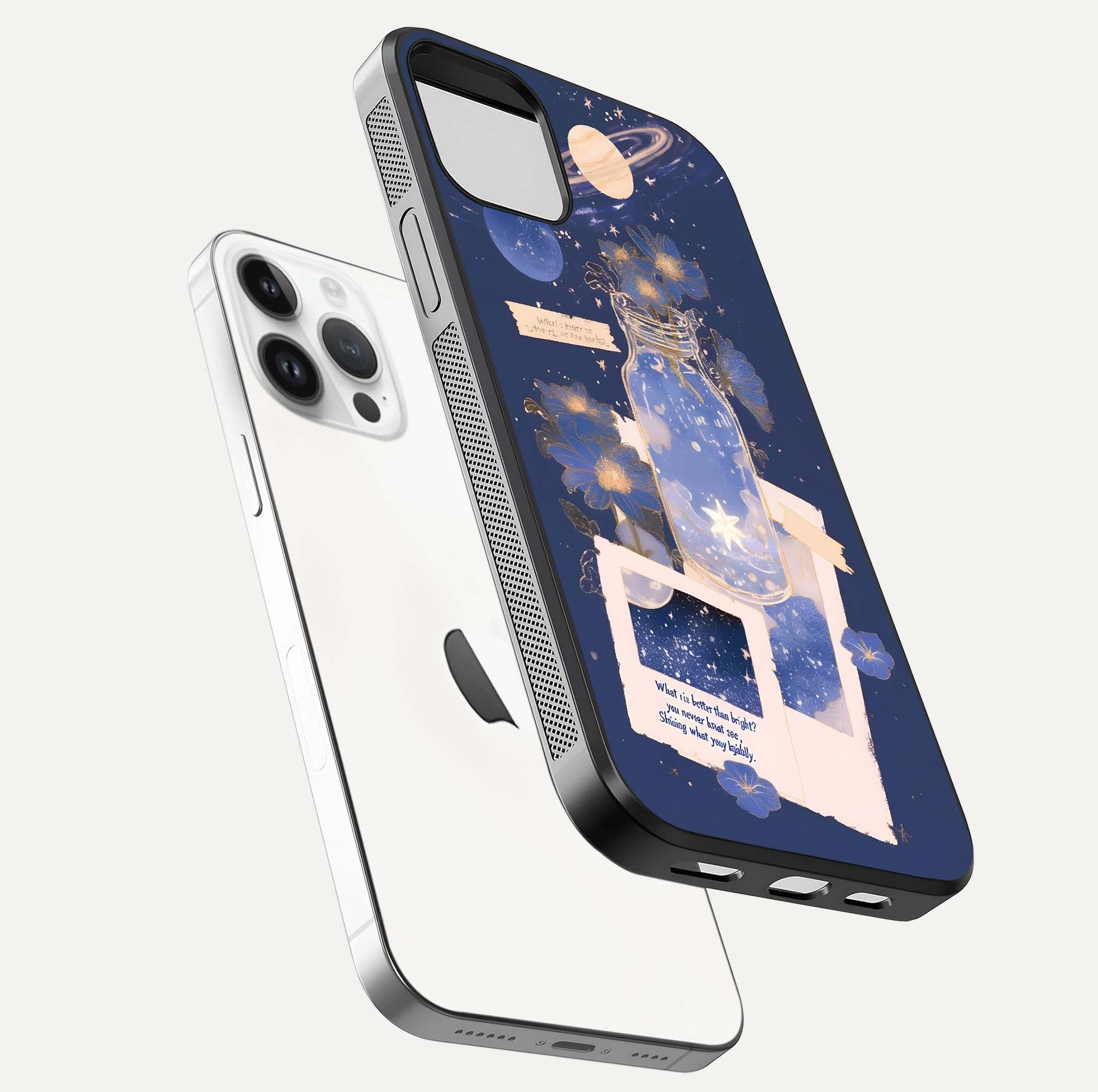 Starlit Cosmic Jar Glass Case for iPhone 14 Pro floating dual-view mockup displaying gloss and starry depth