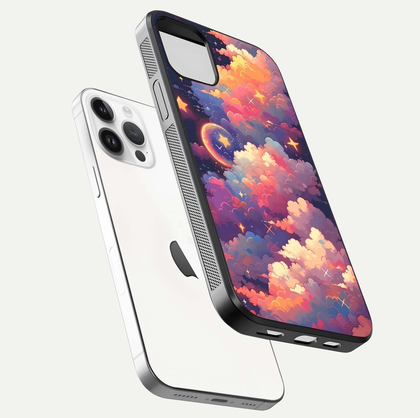 Starlit Dream Clouds Glass Case for iPhone 14 Pro floating dual-view mockup displaying gloss and soft light detail