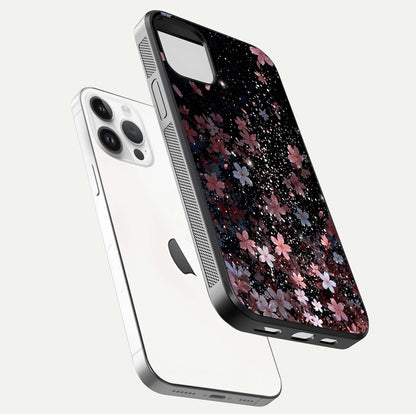 Starlit Flower Dreams Glass Case for iPhone 14 Pro floating dual-view mockup displaying gloss and print clarity