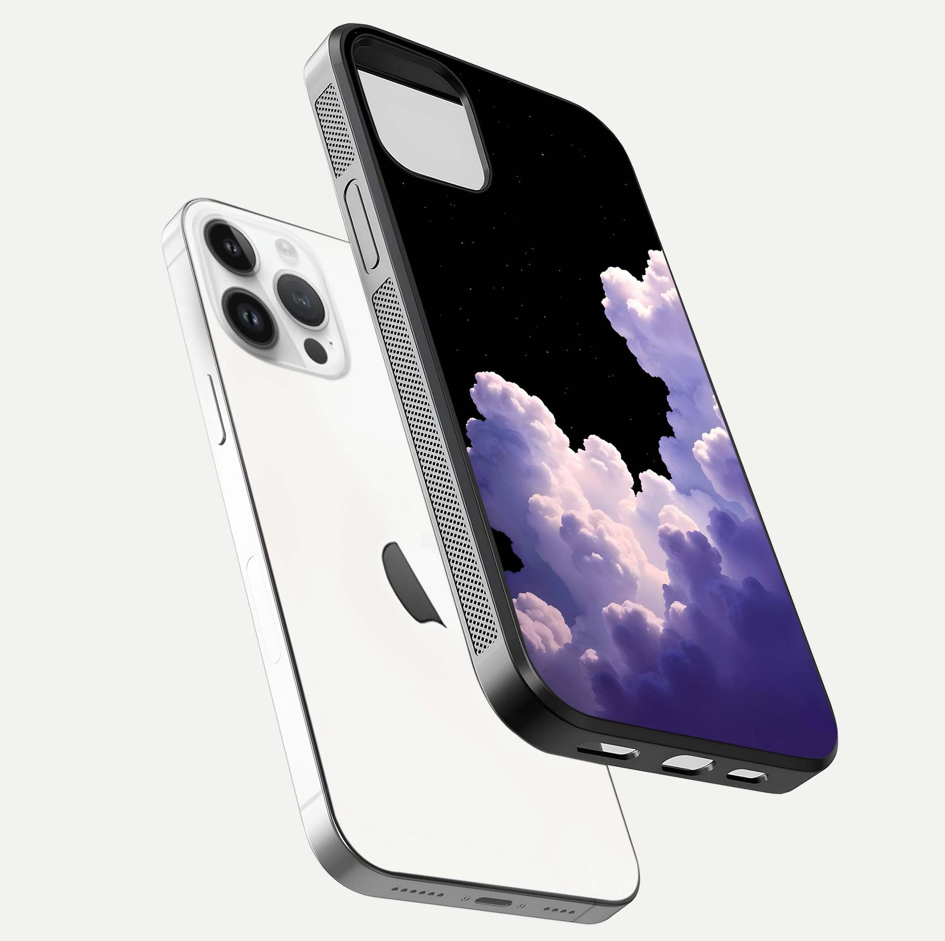 Starlit Night Whispers Glass Case for iPhone 14 Pro floating dual-view mockup displaying gloss surface and depth