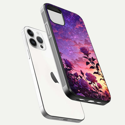 Starlit Rose Twilight Glass Case for iPhone 14 Pro floating dual-view mockup displaying gloss shine and depth