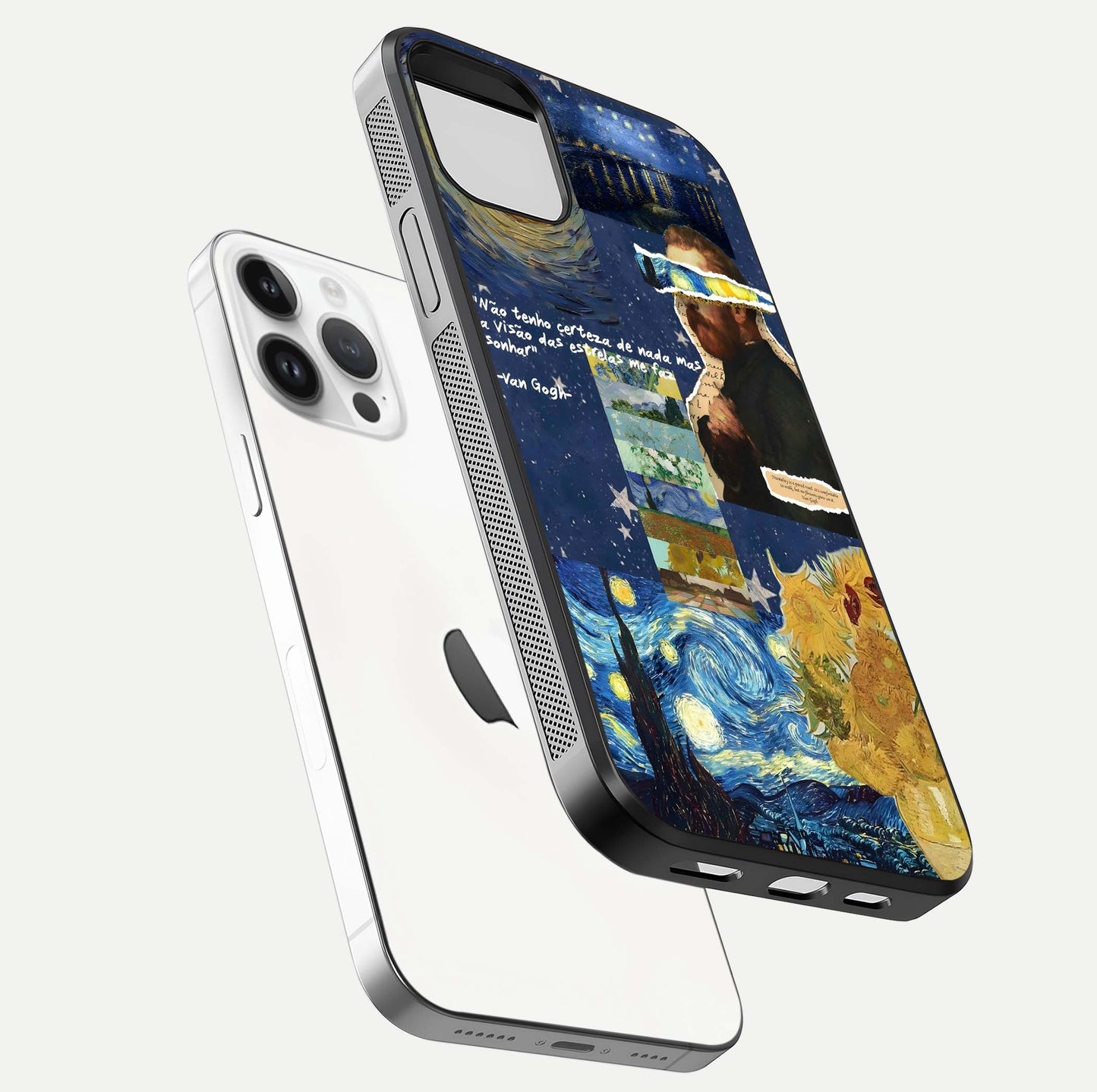 Starry Dream Vision Glass Case for iPhone 14 Pro floating dual-view mockup displaying gloss surface and clarity