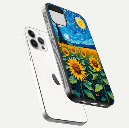 Starry Sunflower Dreams Glass Case for iPhone 14 Pro floating dual-view mockup displaying gloss and vivid print