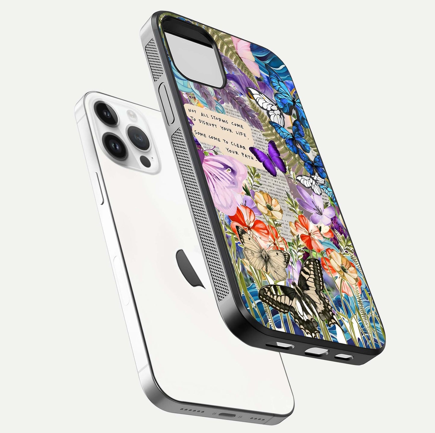 Storm Path Bloom Glass Case for iPhone 14 Pro floating dual-view mockup displaying gloss and pattern depth