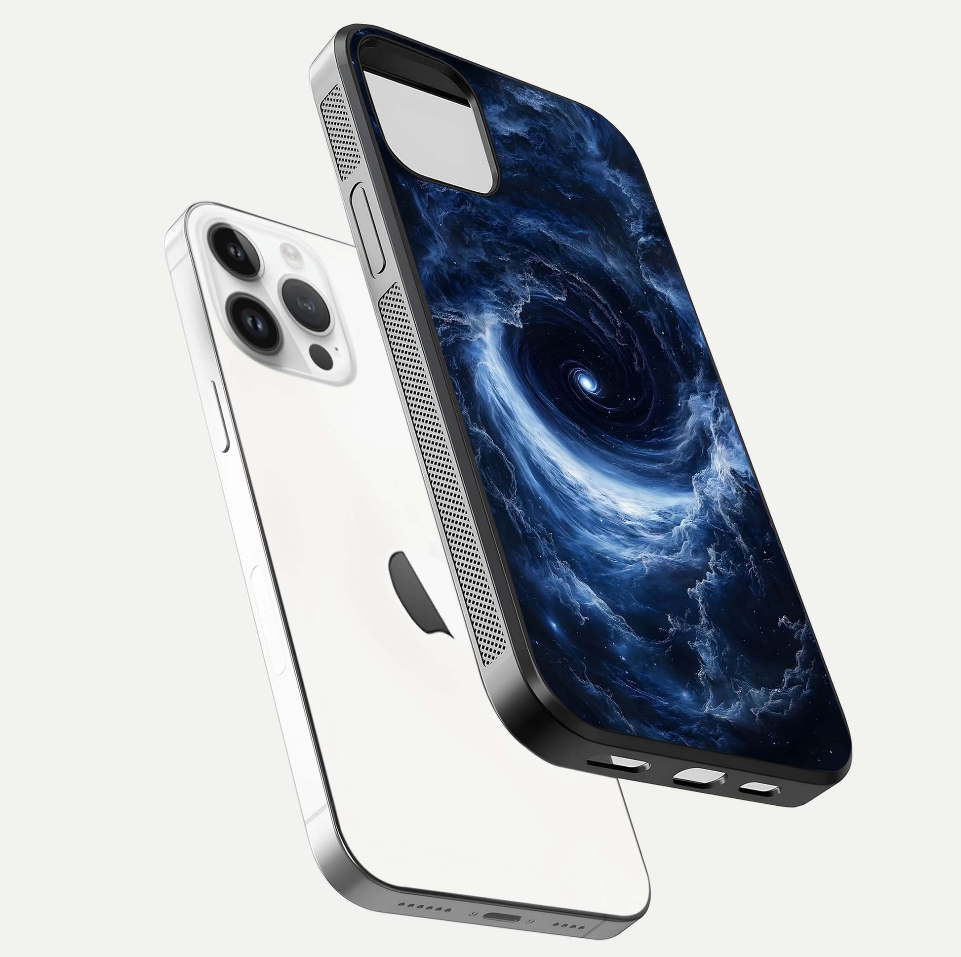 Stunning Galaxy Glass Case for iPhone 14 Pro floating dual-view mockup displaying gloss shine and vivid print depth