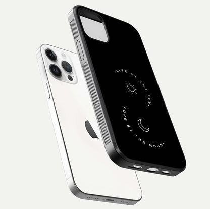 Sun Moon Balance Glass Case for iPhone 14 Pro floating dual-view mockup displaying gloss surface and edge clarity