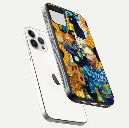 Sunflower Cat Art Glass Case for iPhone 14 Pro floating dual-view mockup displaying gloss shine and HD art print