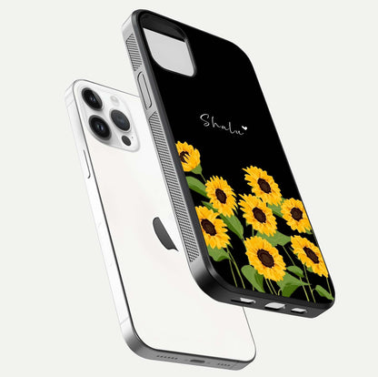 Sunflower Chic Mood Custom Name Glass Case for iPhone 16 Pro floating dual-view mockup displaying gloss texture and detail