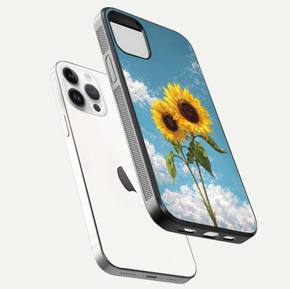 Sunflower Sky Bloom Glass Case for iPhone 14 Pro floating dual-view mockup displaying gloss shine and vibrant texture