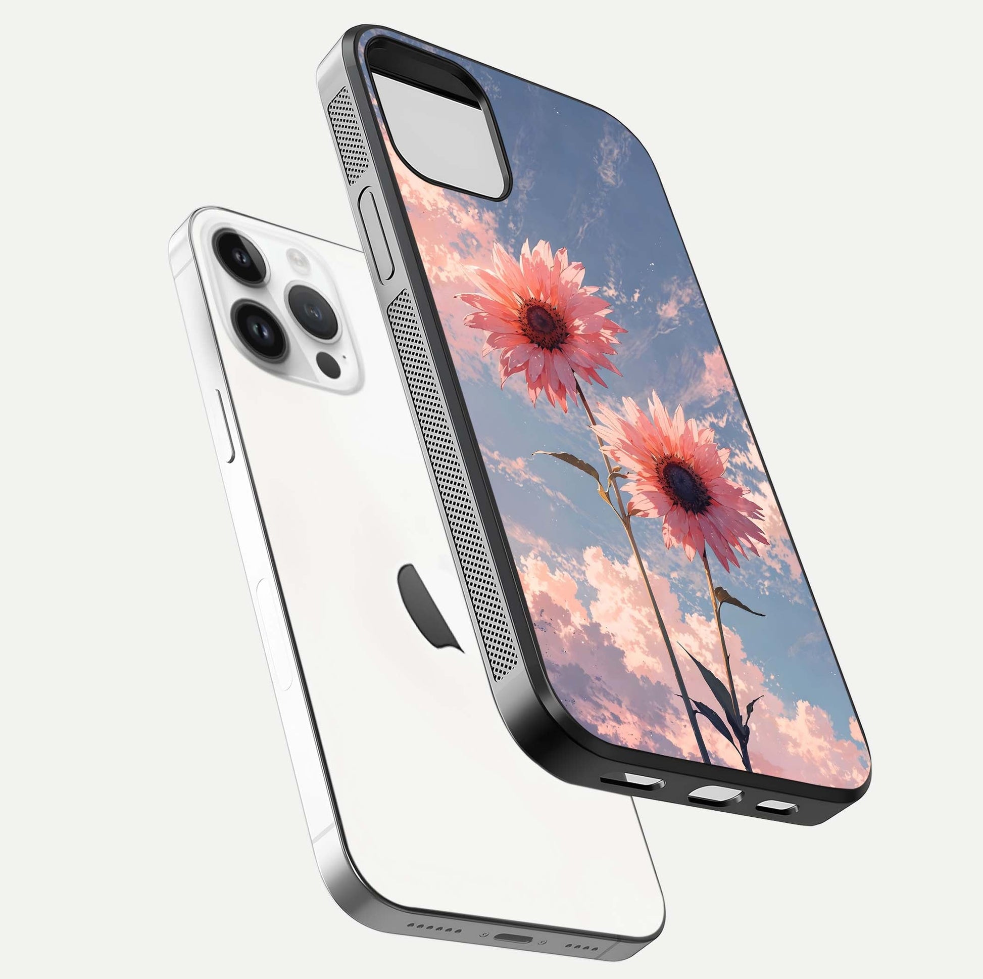 Sunlit Daisy Glow Glass Case for iPhone 14 Pro floating dual-view mockup displaying gloss finish and HD print