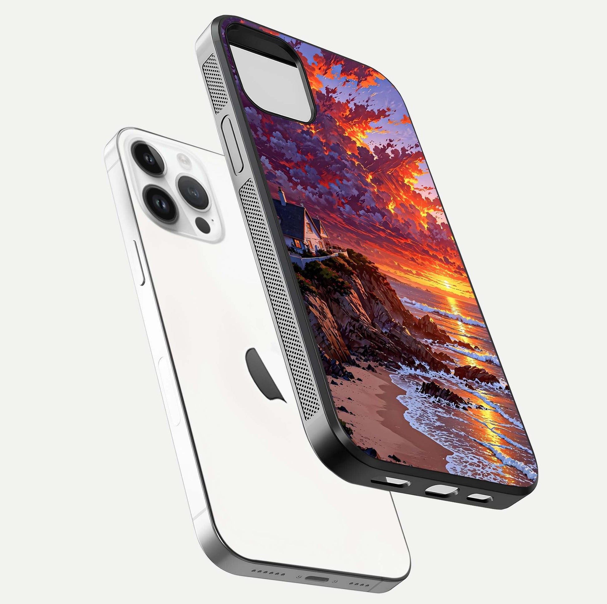 Sunset House by Sea Glass Case for iPhone 14 Pro floating dual-view mockup displaying gloss shine and depth