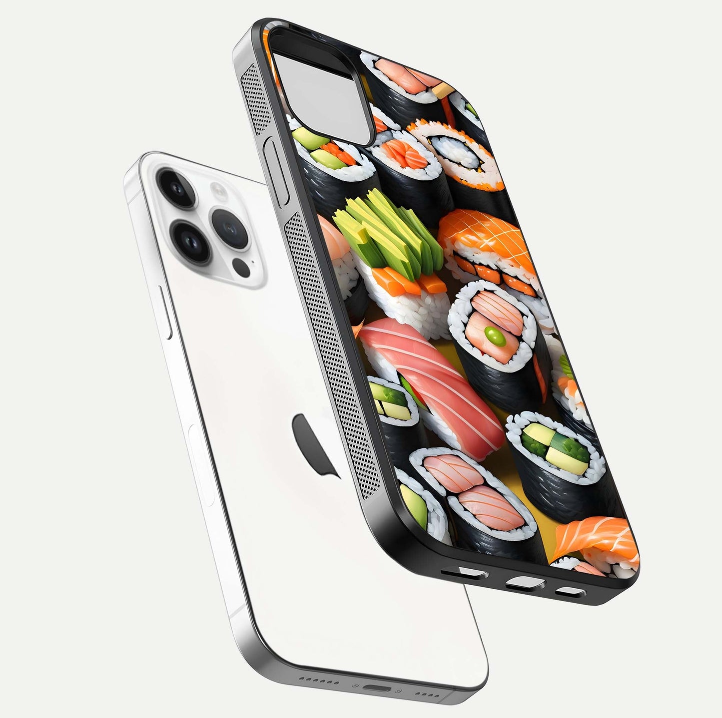 Sushi Food Pattern Glass Case for iPhone 14 Pro floating dual-view mockup displaying gloss and HD pattern