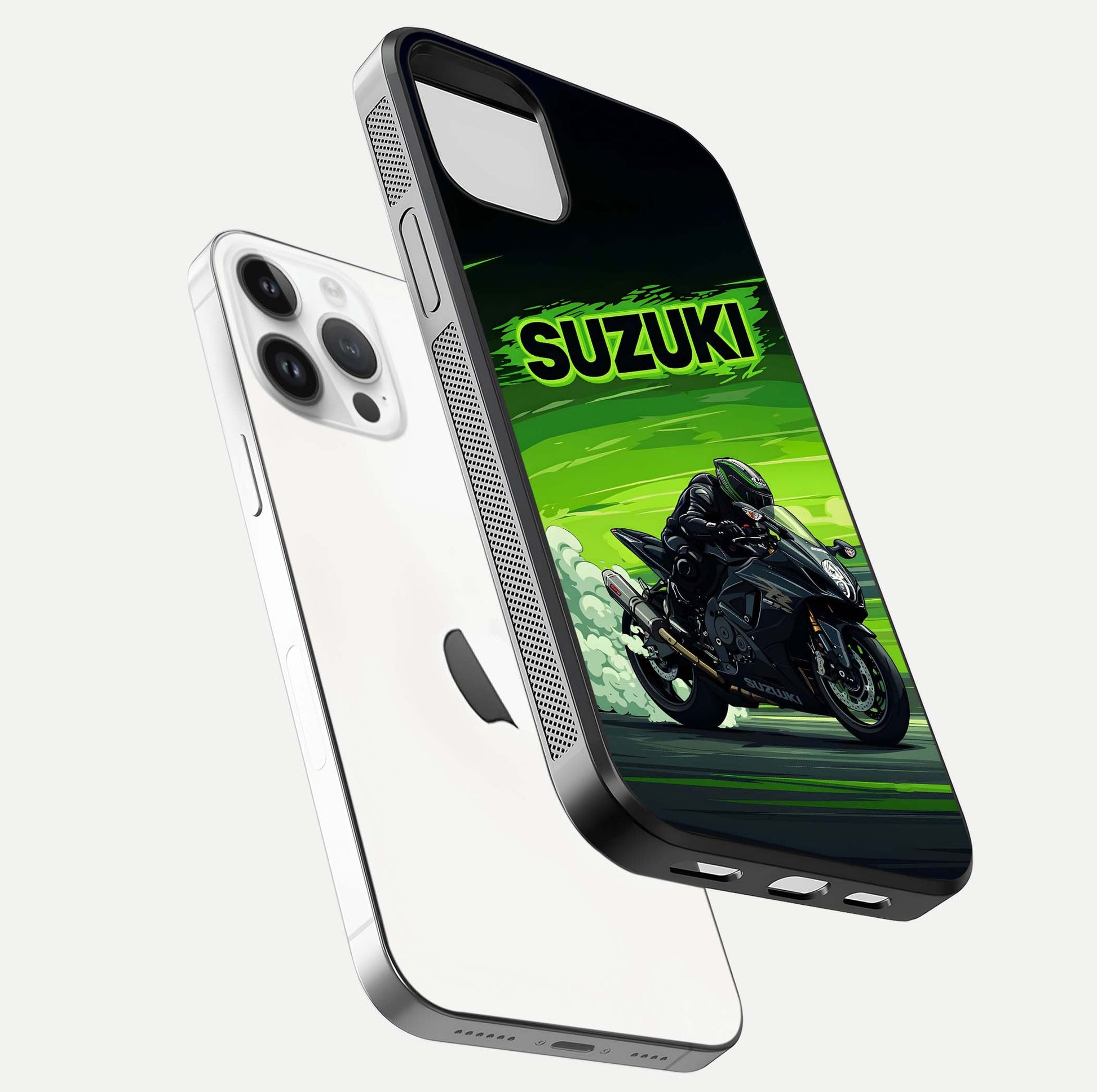 Suzuki Speed Beast Glass Case for iPhone 14 Pro floating dual-view mockup displaying gloss texture and shine
