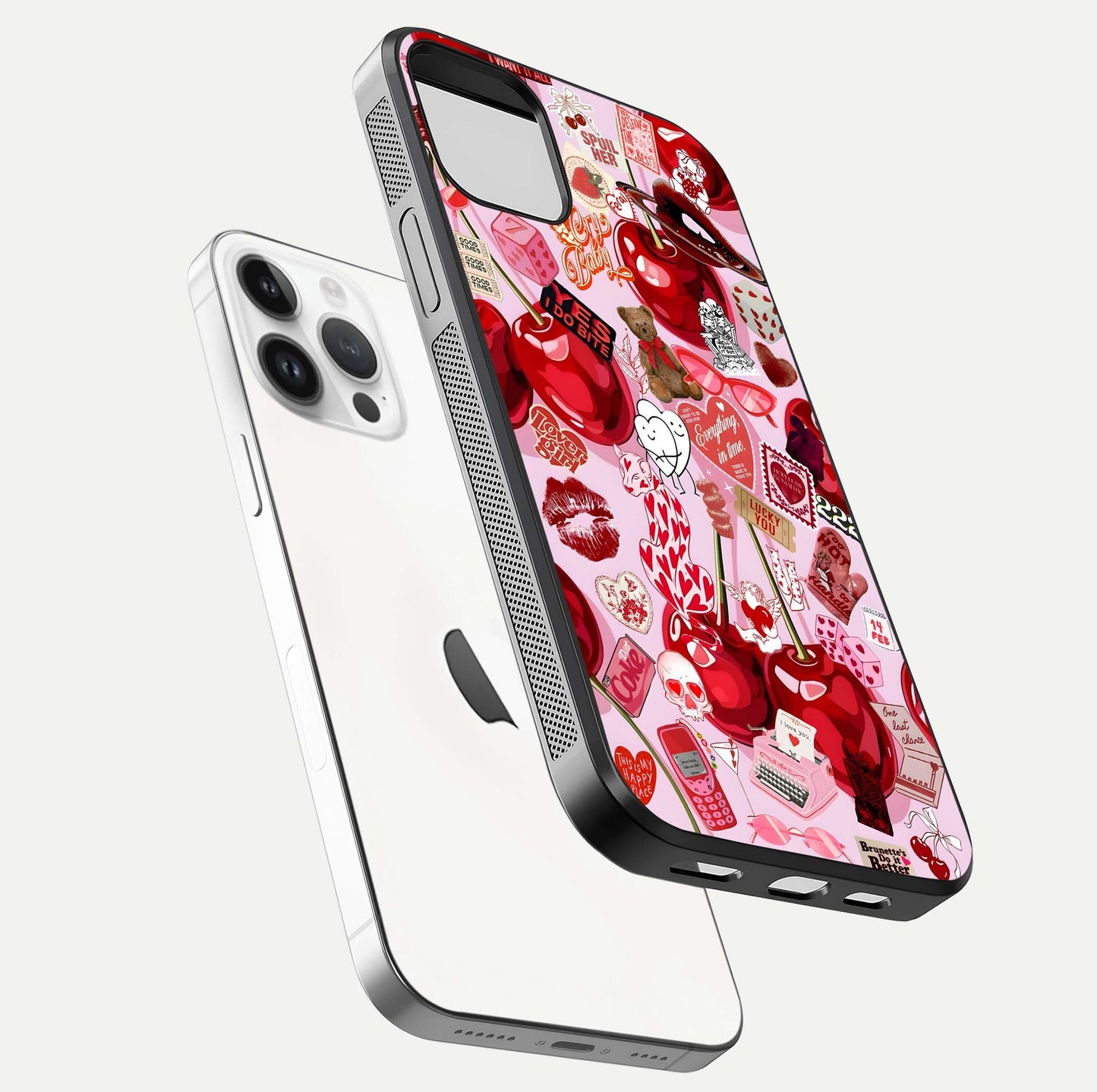 Sweet Cherry Chaos Glass Case for iPhone 14 Pro floating dual-view mockup displaying gloss surface and depth