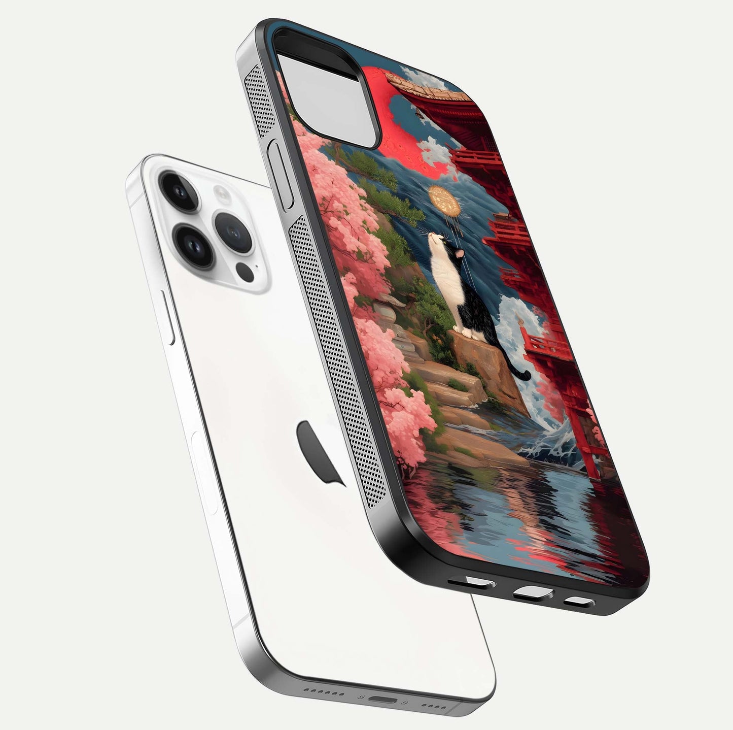 Temple Cat Scenery Glass Case for iPhone 14 Pro floating dual-view mockup displaying gloss and depth detail