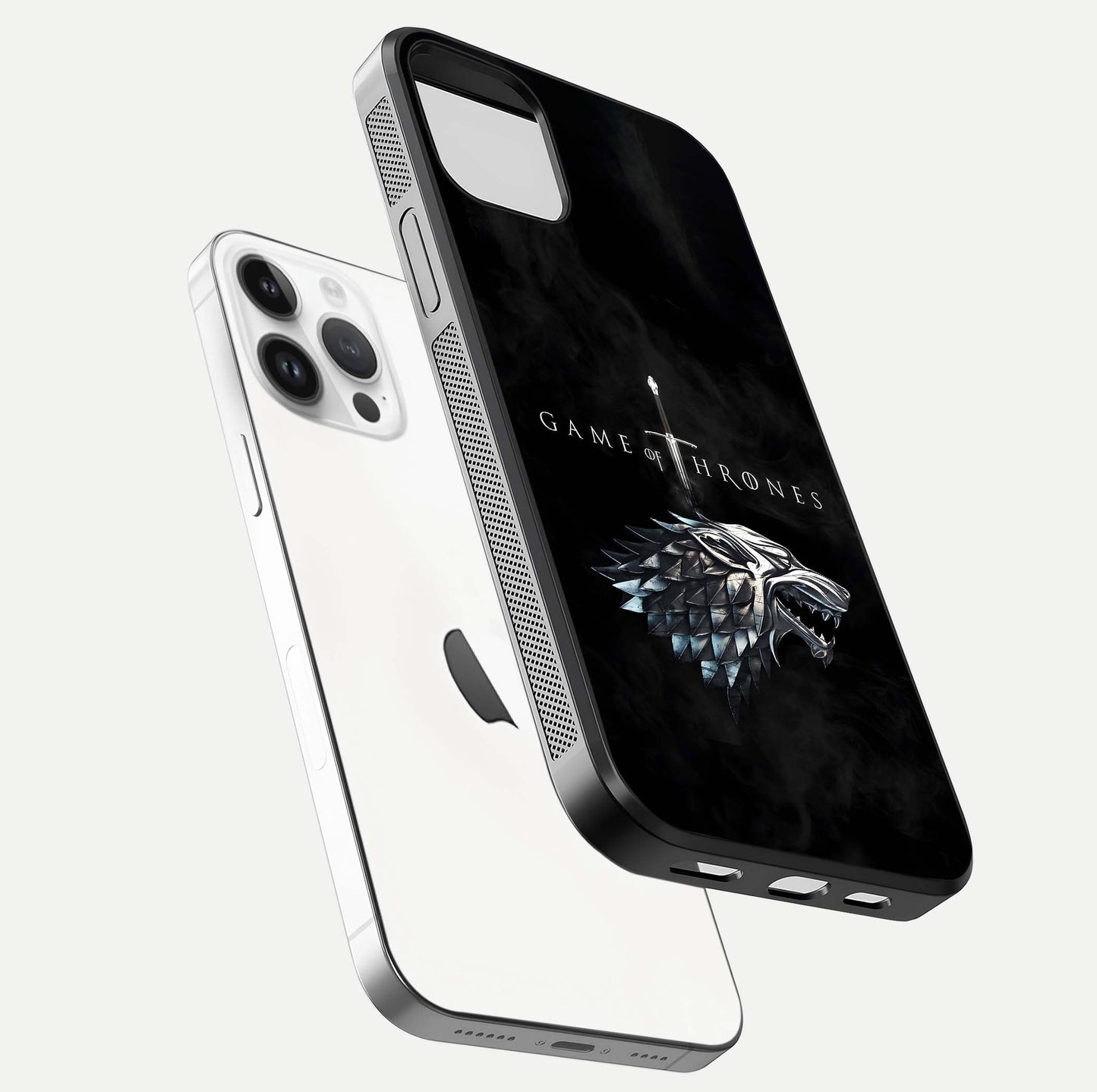 Throne Wolf Legacy Glass Case for iPhone 14 Pro floating dual-view mockup displaying gloss depth and wolf artwork