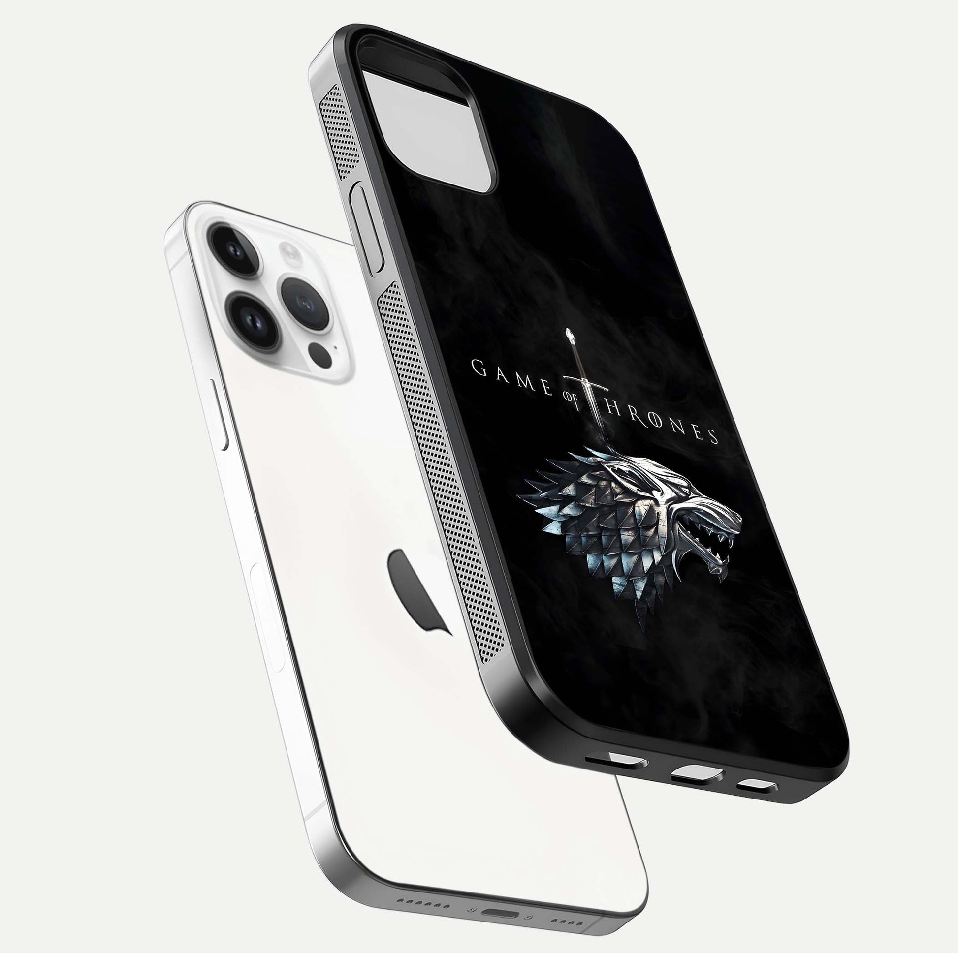 Throne Wolf Legacy Glass Case for iPhone 14 Pro floating dual-view mockup displaying gloss depth and wolf artwork