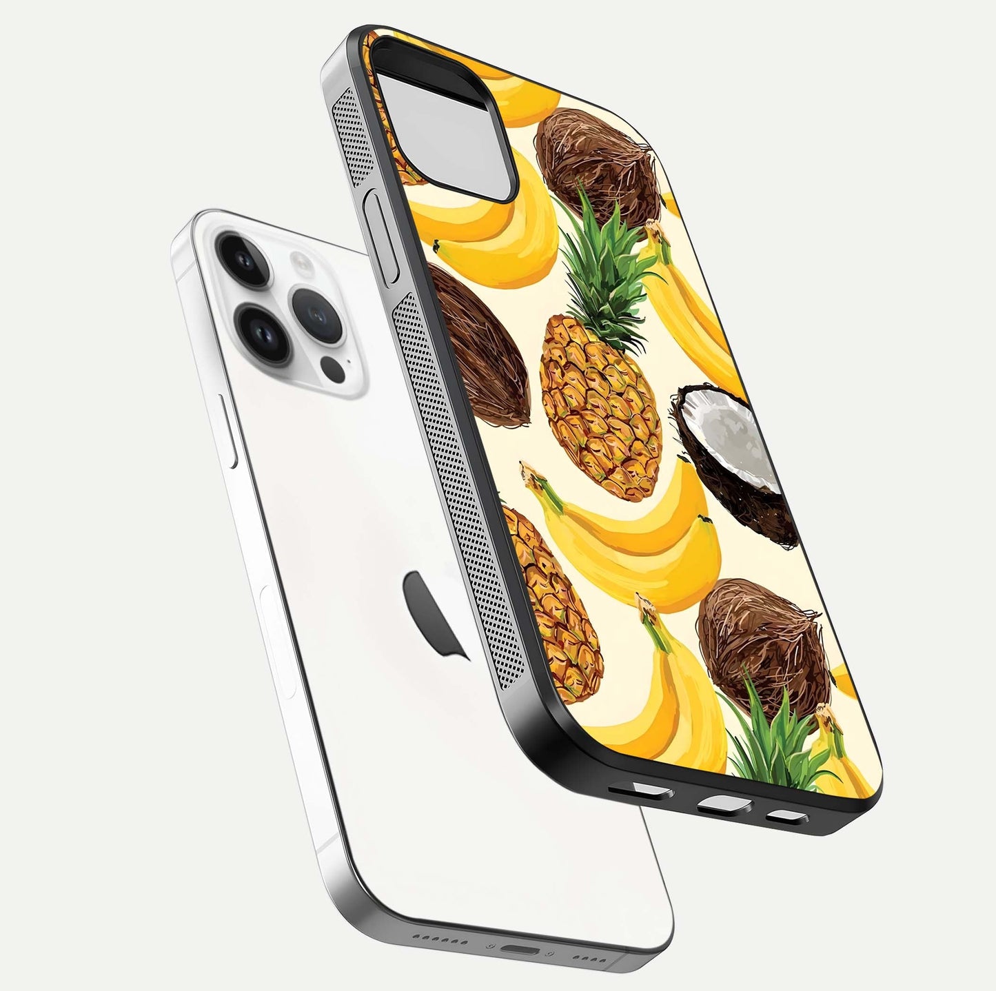 Tropical Fruit Mood Glass Case for iPhone 14 Pro floating dual-view mockup displaying gloss and vibrant colors